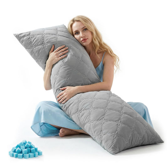 BEDELITE Cooling Body Pillow for Adults, Creative Ultra Soft Cool-Touch Quilted Nylon-Spandex Body Pillow Cover, Adjustable Memory Foam Long Pillow for Side Sleepers, Pregnancy & Back Pain(Light Grey)