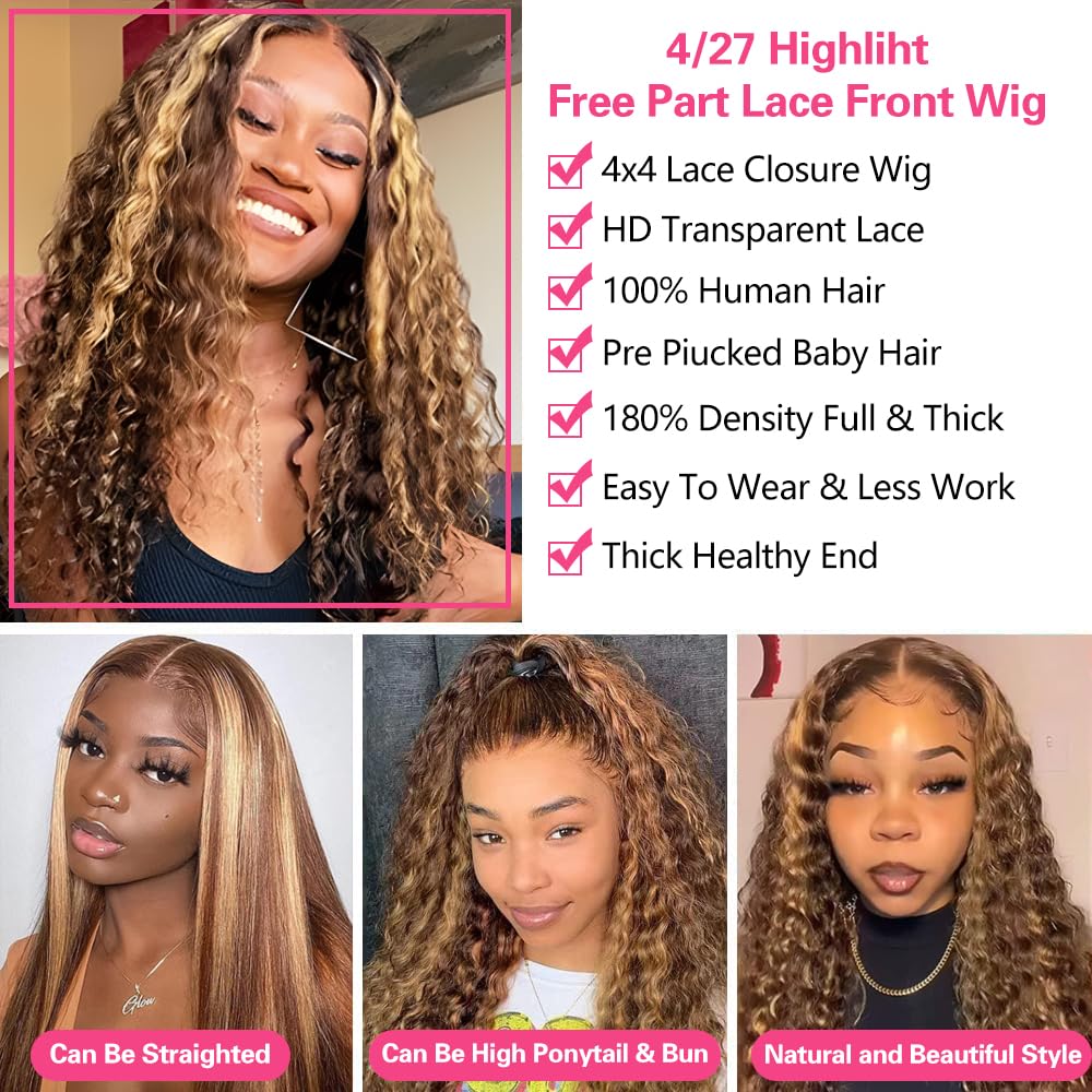 26inch Wear and Go Glueless Deep Wave 4/27 Highlight HD Transparent Lace Front Wigs Human Hair Wet and Wavy Curly Lace Frontal Wigs Pre Plucked with Baby Hair 200% Density