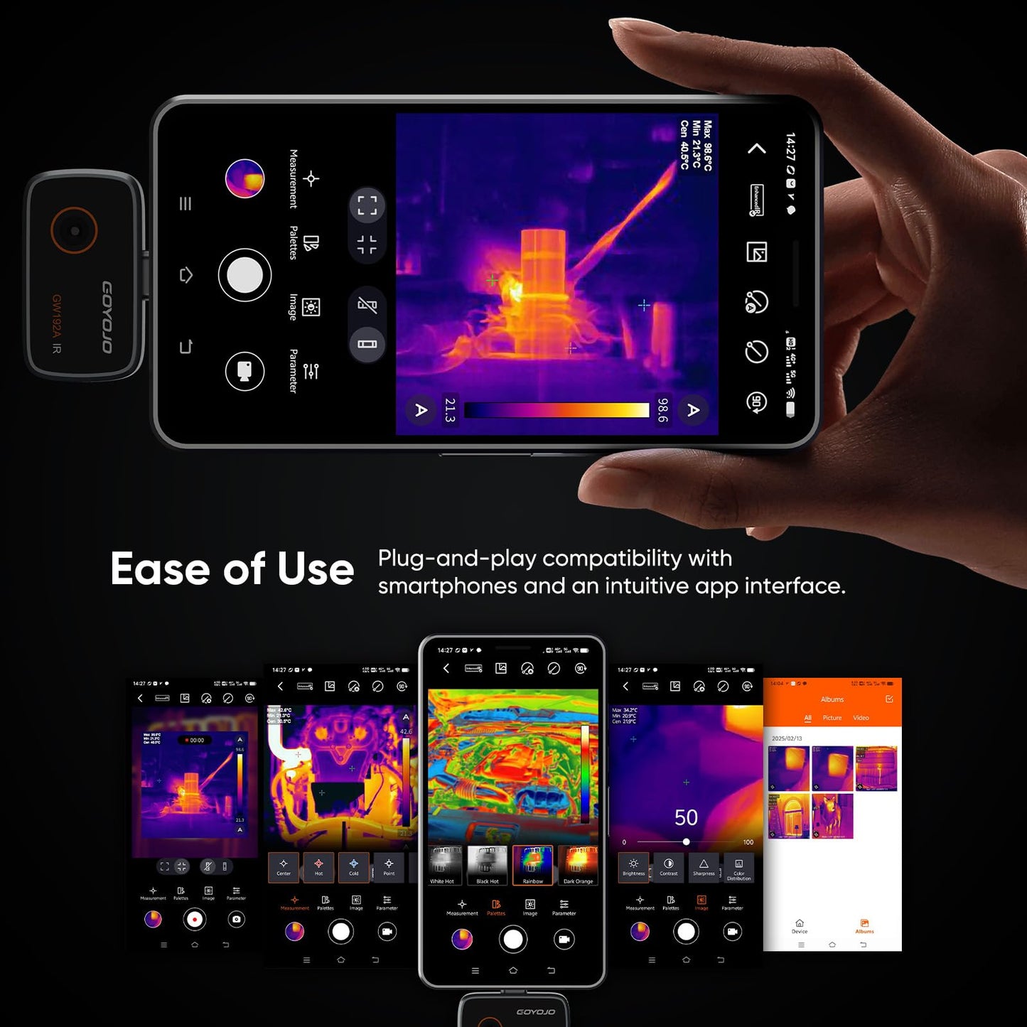 GOYOJO 192x192 IR Resolution Thermal Imaging Camera for Android – Water Leak Detection, HVAC, Electrical, Plumbing, Automotive Repair, Home Inspection, DIY – USB-C Infrared Imager, -4°F to 752°F
