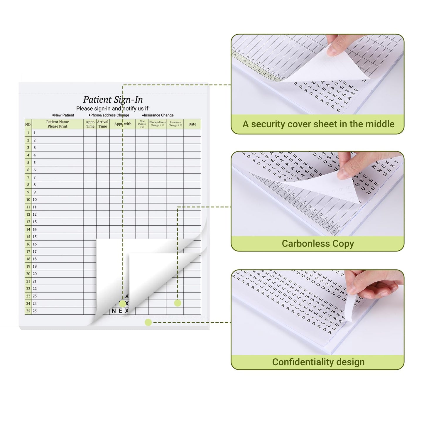 suituts 125 Patient Sign in Sheets, HIPAA Compliant, 3 Part Carbonless Patient Sign in Forms, Peel Off Adhesive Sign in Sheet for Medical Offices, Doctors, Clinic, 3125 Labels