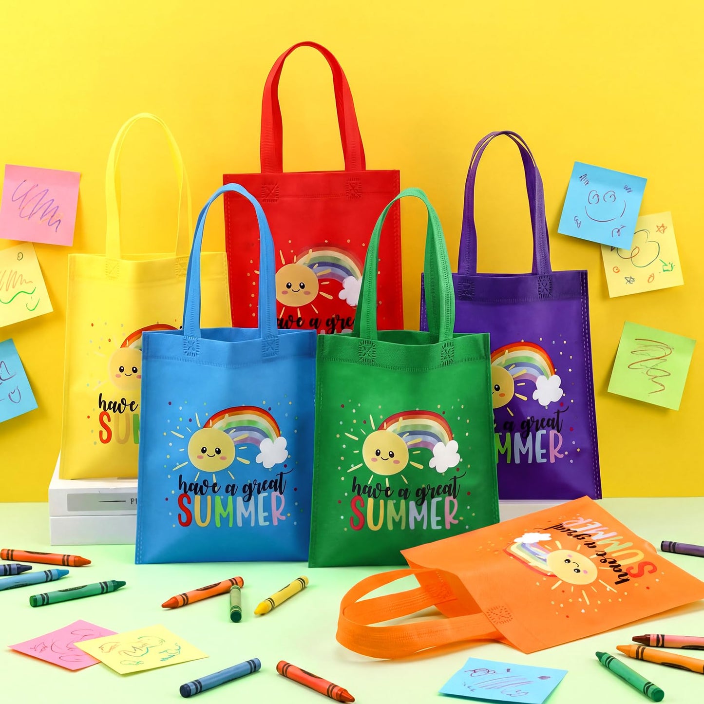 Dansydaisy 48 Pcs End of the Year Non Woven Gift Bags Rainbow Totes with Handles Treat Bag for Summer Party Birthday Supplies (Summer)