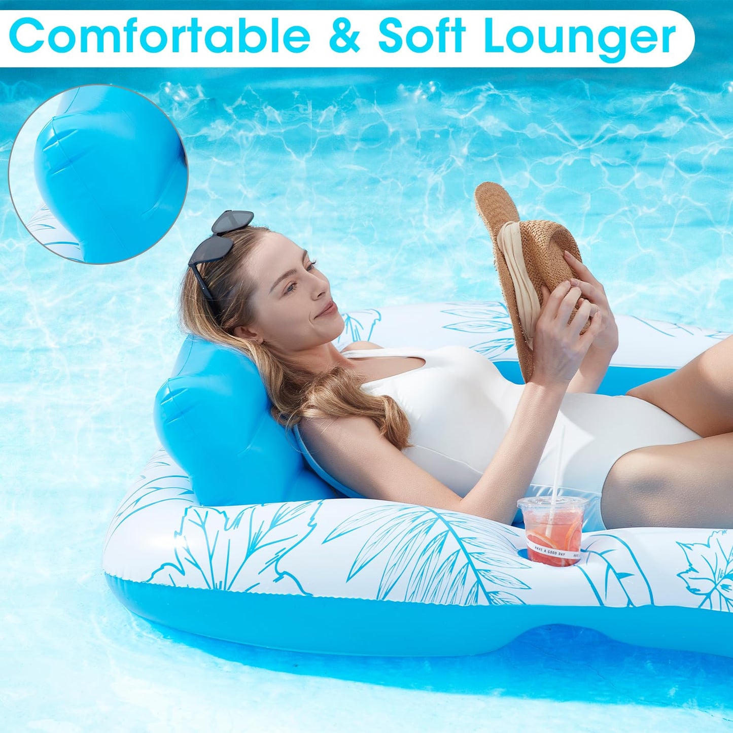 Inflatable Adult Pool Lounger Float - BAIAI Large Beach Sun Tanning Floats Raft Sunbathing Water Lounge Floaties Tub with Drink Holder - Blow Up River & Lake Suntan Floating Swimming Mattress Mat(L)