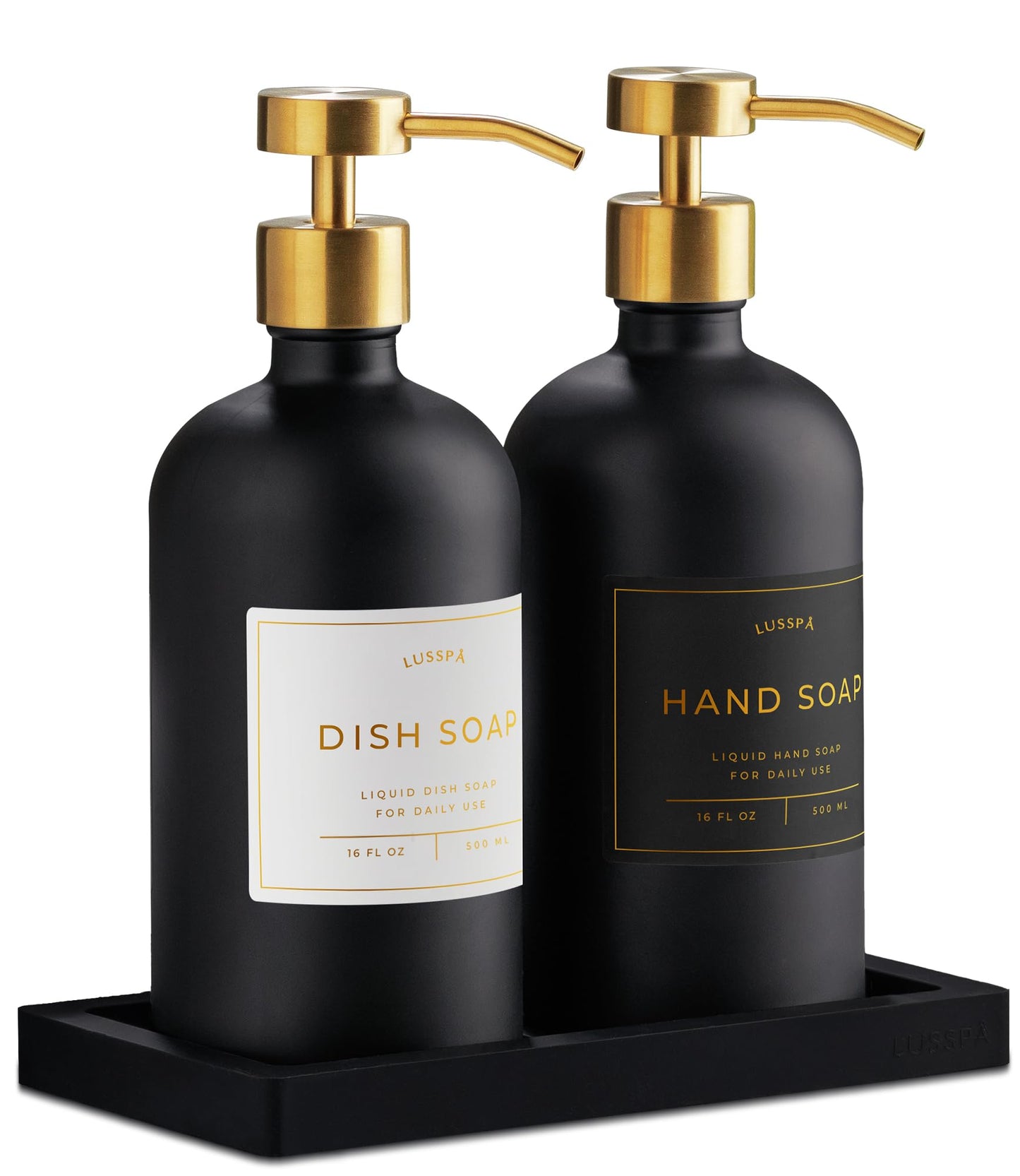 Glass Soap Dispenser Set of 2 (Black) with Silicone Tray | Hand and Dish Soap Dispenser for Kitchen and Bathroom | 16.8 Oz Glass Bottles with Stainless Steel Pump & 15 Waterproof Labels (Black/Gold)