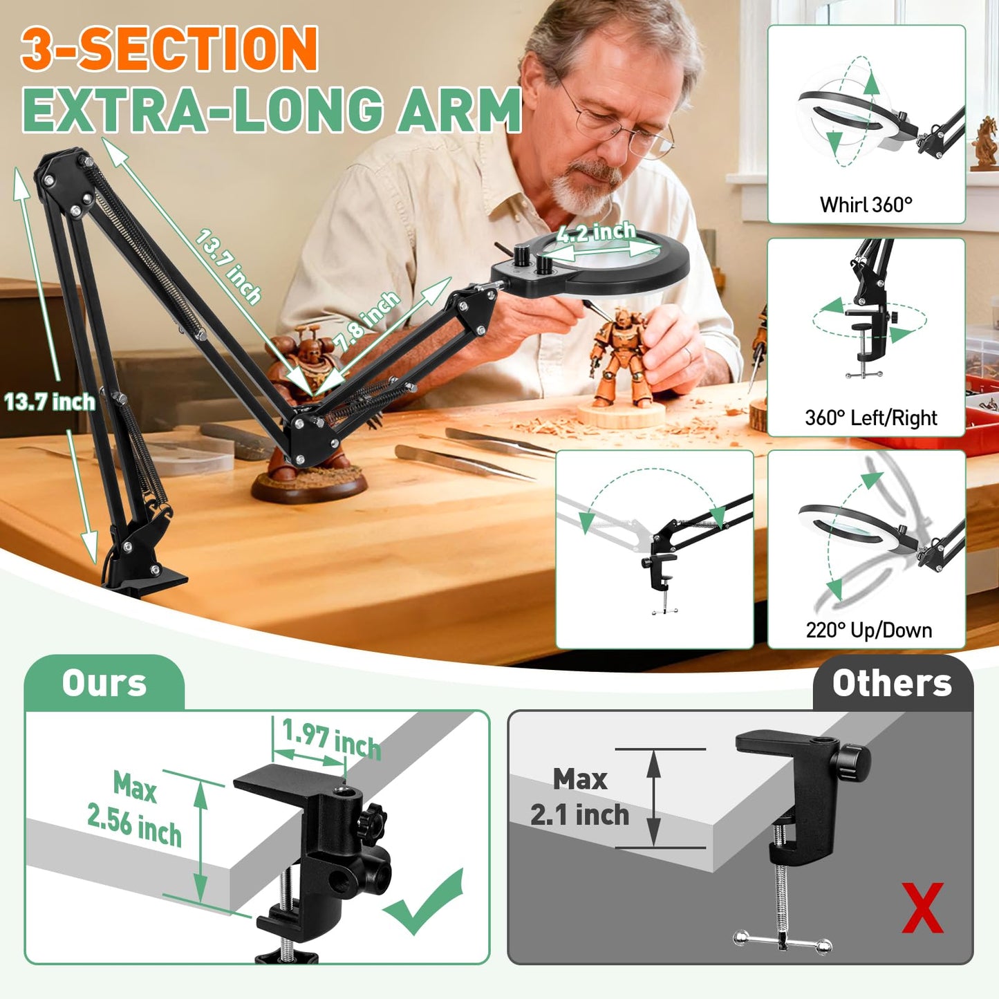 KMDES 12X Magnifying Glass with Light and Stand, Extended Long Arm Magnifying Lamp for Close Work, Craft, Sewing, Workbench, Repair, Knob Lighted Magnifier Desk Light Adjustable Color and Brightness