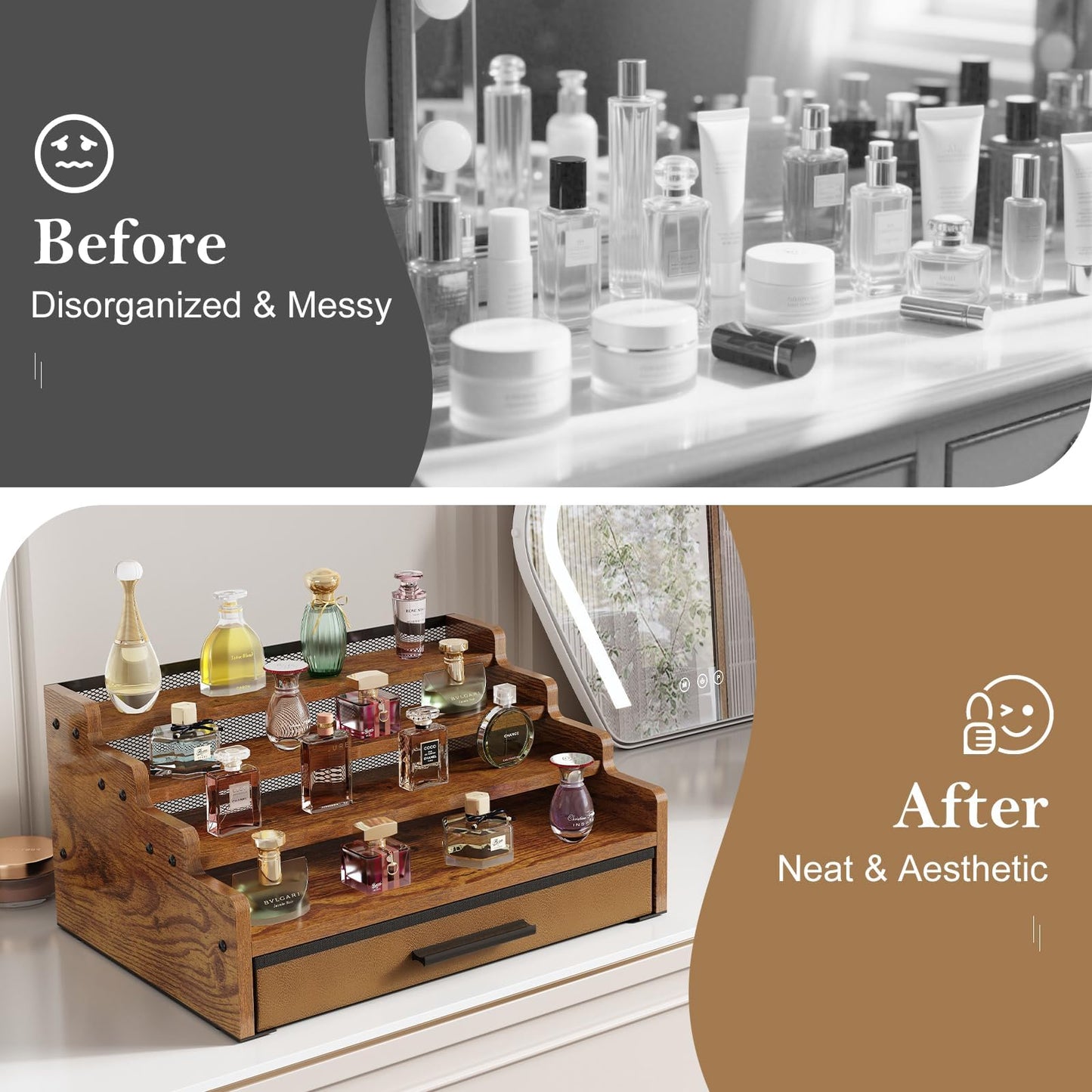 4 Tier Cologne Organizer for Men, Wooden Perfume Organizer with Drawer Storage, Perfume Display Shelf for Cologne, Watch, Grooming and Figures, Perfect Birthday/Easter Gift for Lovers & Fathers