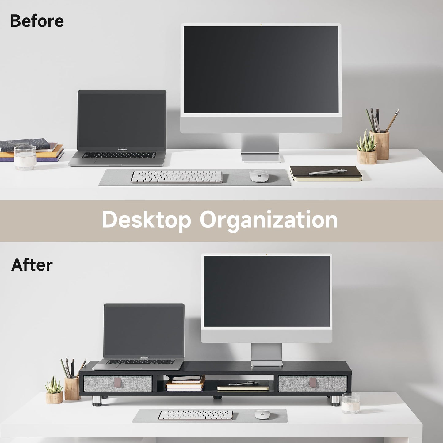 Fenge Dual Monitor Stand with 2 Drawers, 42.5 Inches Large Computer Riser for Desk, Adjustable Height Desk Shelf with Storage for Laptop, PC, TV, Printer