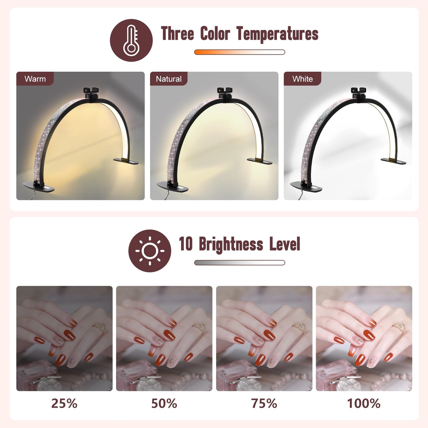 Half Moon Light for Nail Desk with Phone Holder, 28IN Folding Half-moon Lamp with Shinning Diamond, LED Light for Manicure, Eyelash Extension, Tattooing, Skin Management, Color Temperature 3000-6500K