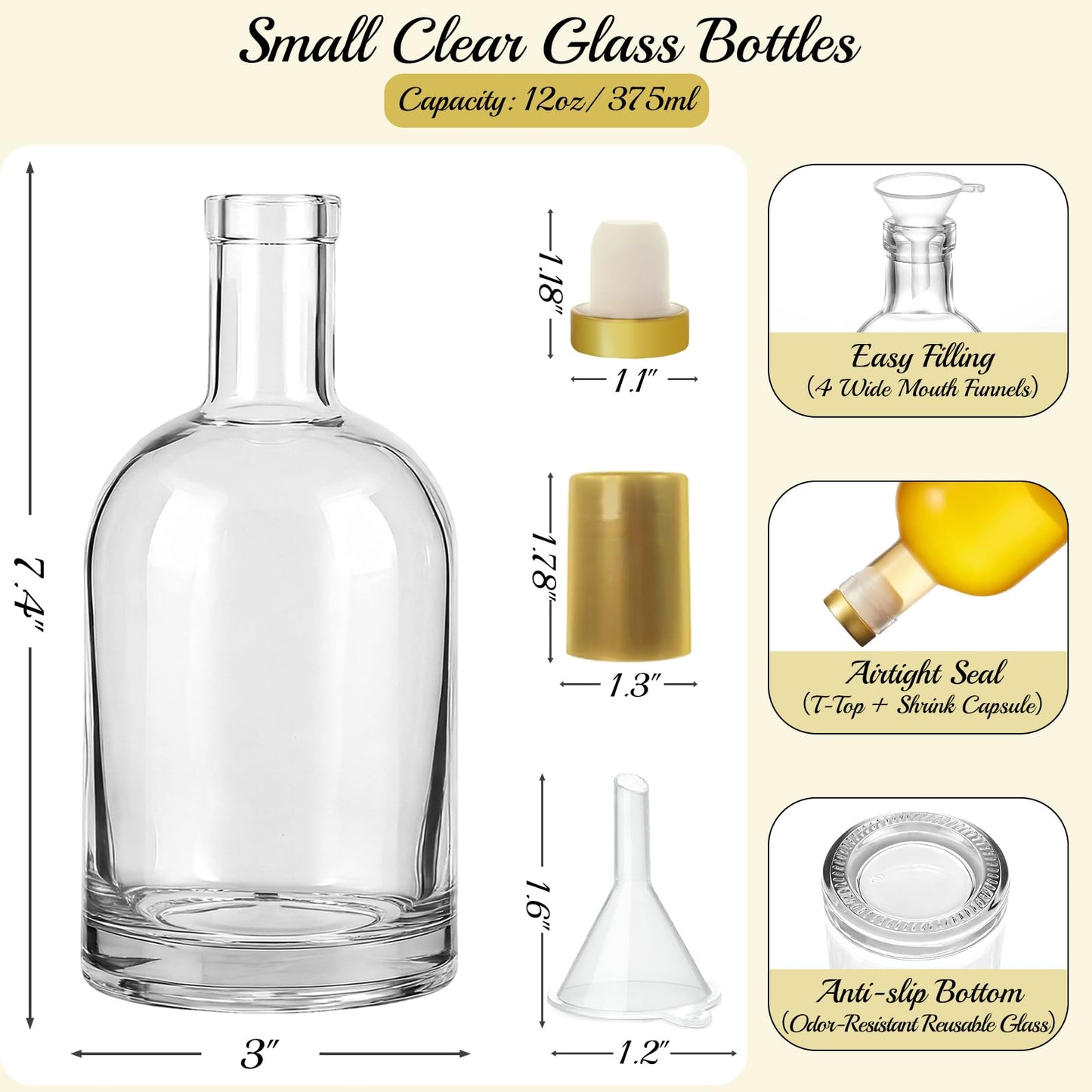 TBWIND 12 oz/375ml Clear Glass Bottles with Cork, 12 Pack Clear Liquor Bottles, Thick Heavy Base Airtight Wine Bottles for Beverages, Liquor, Whiskey, Oil, Vinegar, Wedding Favors & Crafts