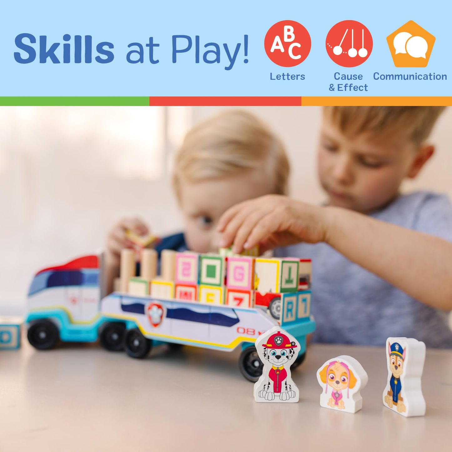 Melissa & Doug PAW Patrol Wooden ABC Block Truck (33 Pieces) PAW Patrol Sort and Stack Toys, Alphabet Blocks for Toddlers, Wooden Vehicle Toys for Kids Ages 3+