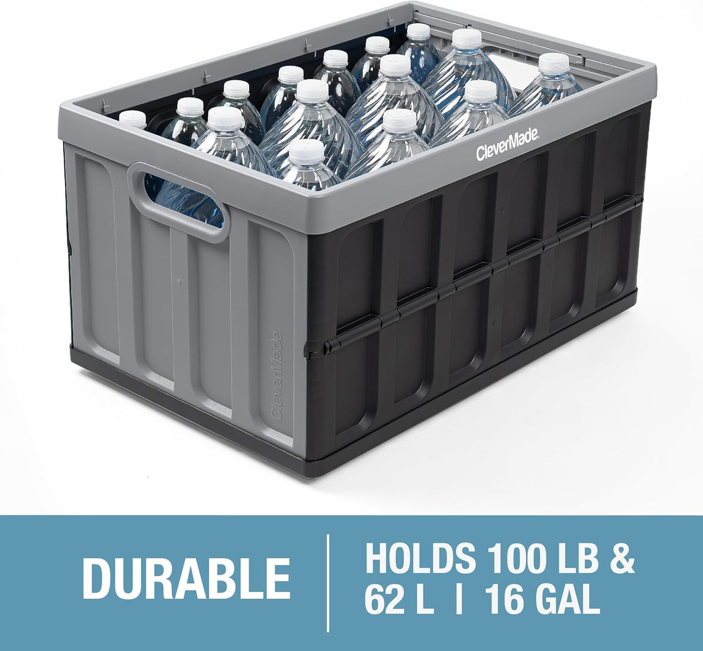 CleverMade Collapsible Storage Bins with Lids (62L, 3 Pack) – Heavy Duty Foldable Plastic Storage Crates for Garage, Closet & Trunk Organization - Stone