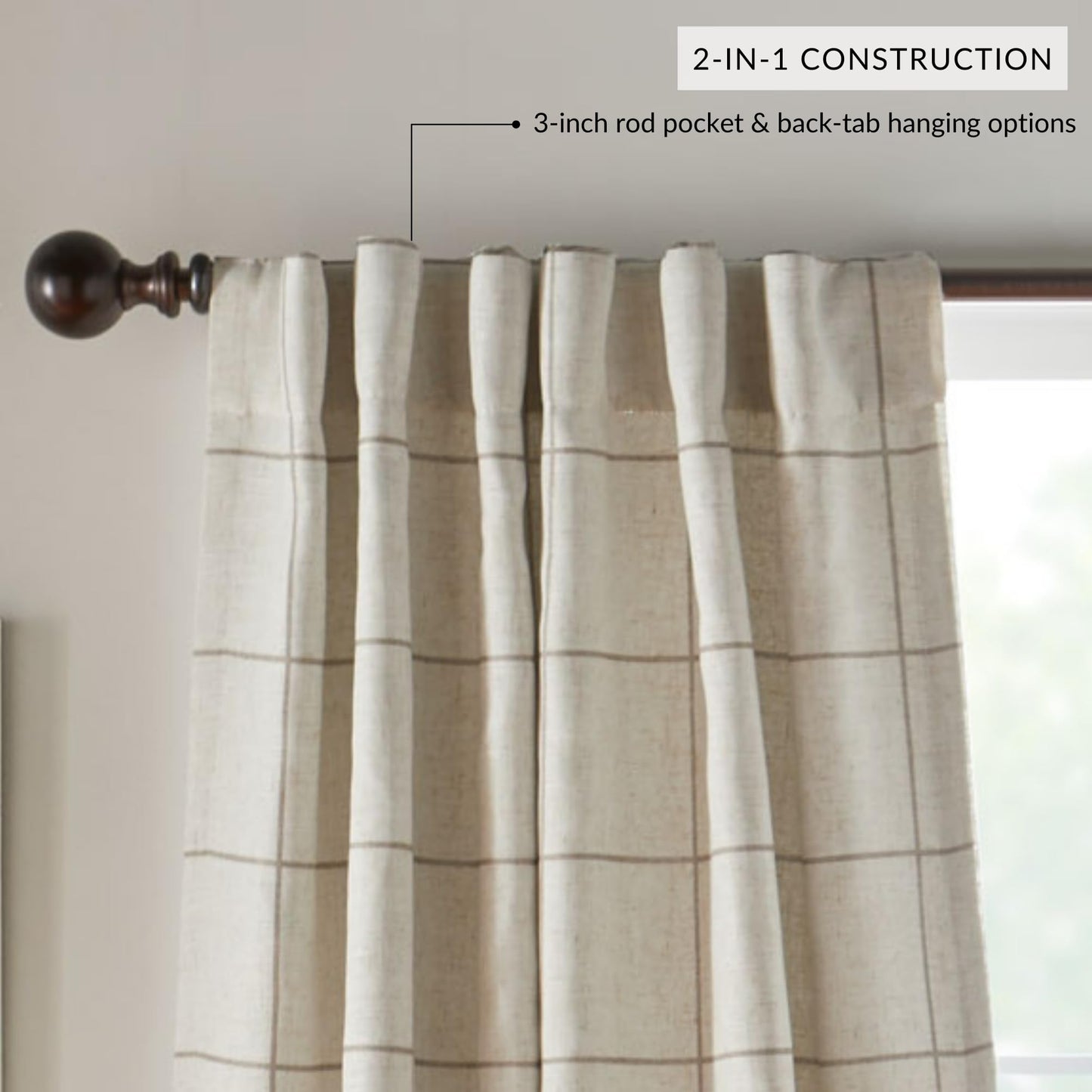 Elrene Home Fashions Brighton Windowpane Plaid Blackout Window Curtain, Living Room and Bedroom Drape with Back Tab and Rod Pocket Tabs, 52"x108", Linen, 1 Panel