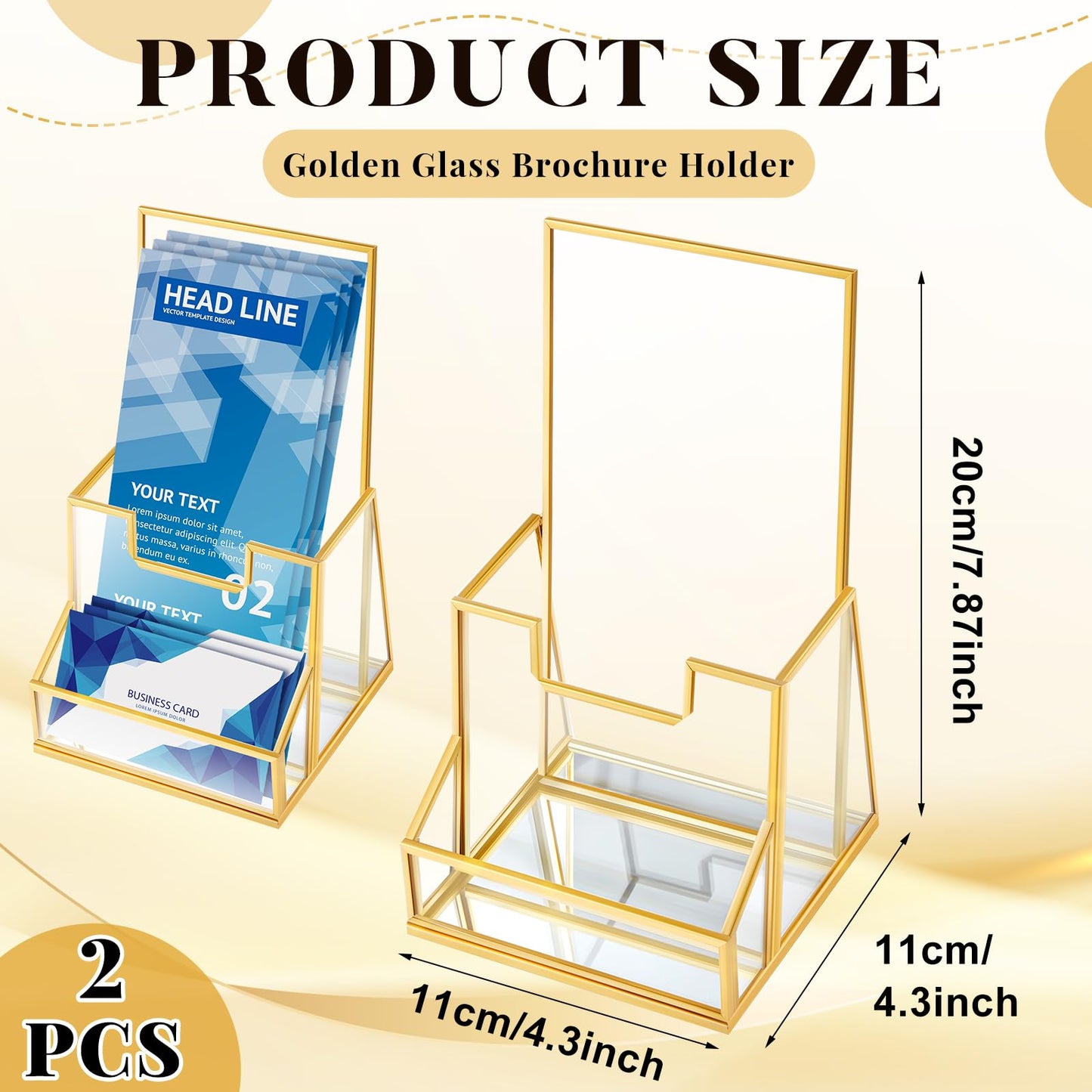 Fuyoooo 2 Pcs 4 Inches Gold Glass Brochure Holder Countertop Literature Trifold Pamphlet Stand with Business Name Card Holder Flyer Brochure Display for Magazine, Booklets, Menu, Journals Display