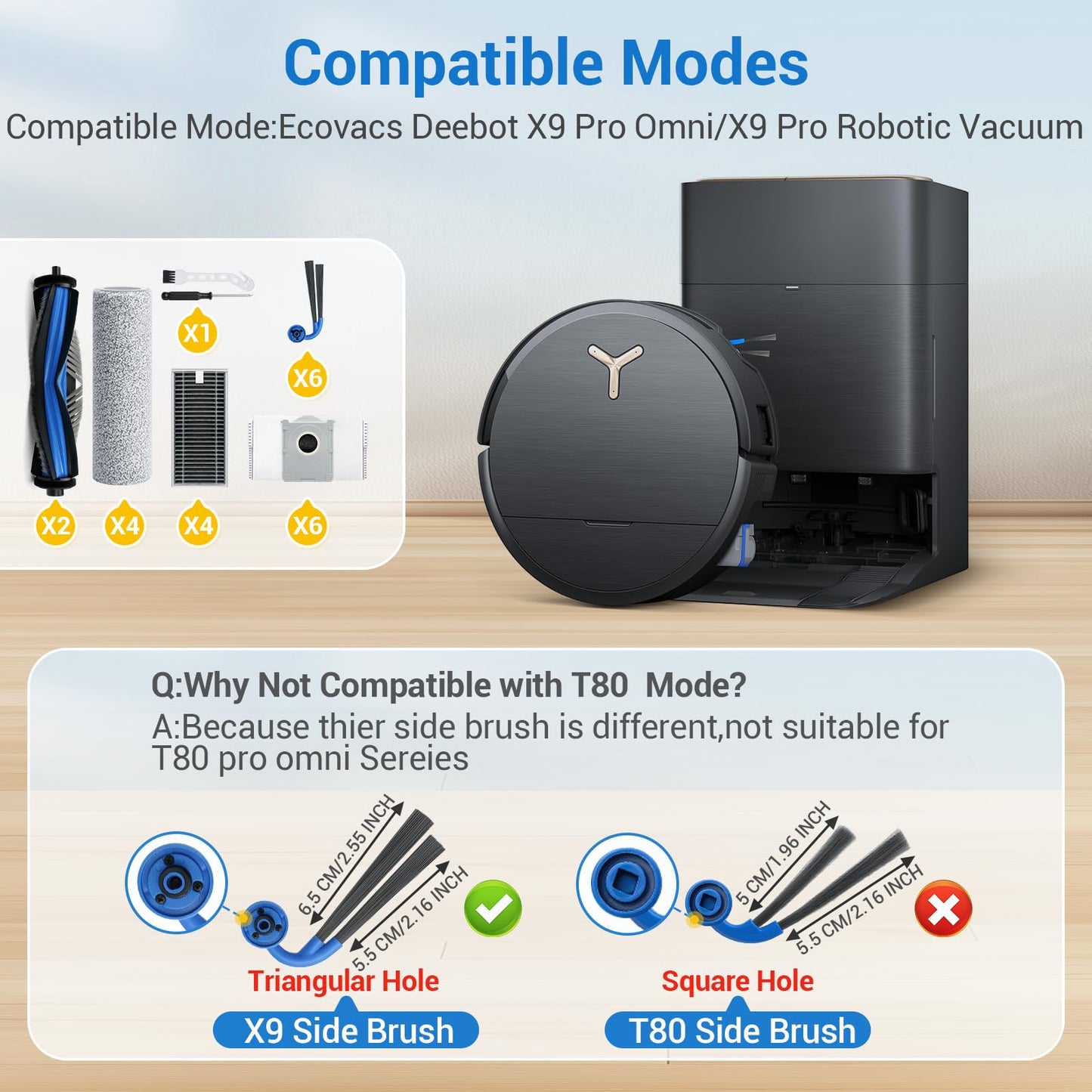 Bluevisk X9 Pro Omni Replacement Parts for Ecovacs Deebot X9 Pro Omni X9 Pro Robotic Vacuum Cleaner Parts with 2 Roller Brush,4 Mop,4 HEAP,6 Dust Bags,6 Side Brushes,1 Screwdrivers,1 Clean Brush