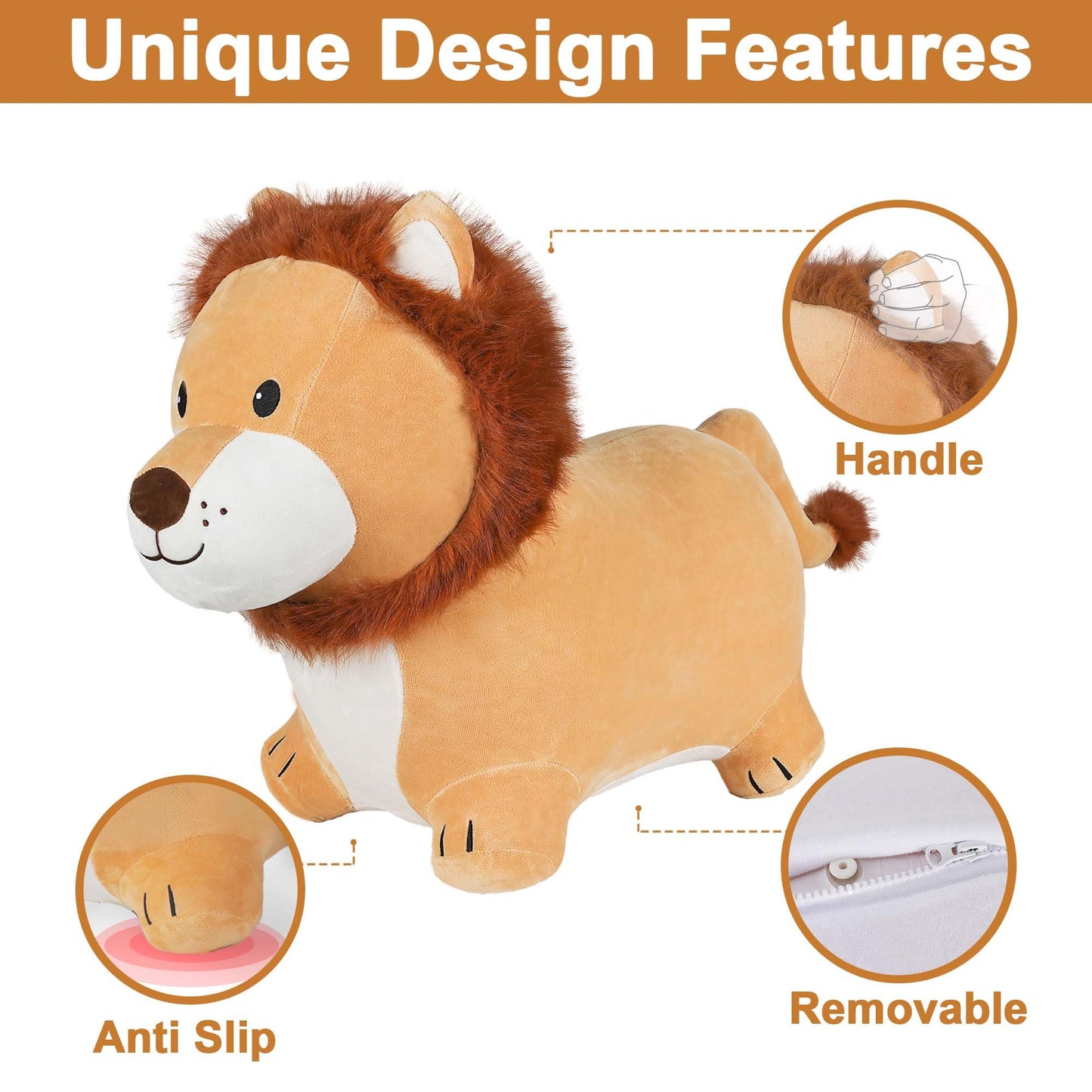 iPlay, iLearn Bouncy Pals Lion Hopper Toy, Toddler Plush Bouncing Animal, Inflatable Ride on Bouncer W/Pump, Indoor Outdoor Hopping Horse, Kid Jumping Toy, Birthday Gift for 2 3 4 5 Year Old Boy Girl