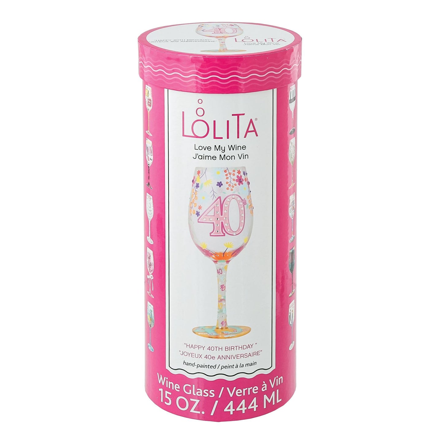 Enesco Designs by Lolita Happy 40th Birthday Hand-Painted Artisan Wine Glass, 15 Ounce, Multicolor