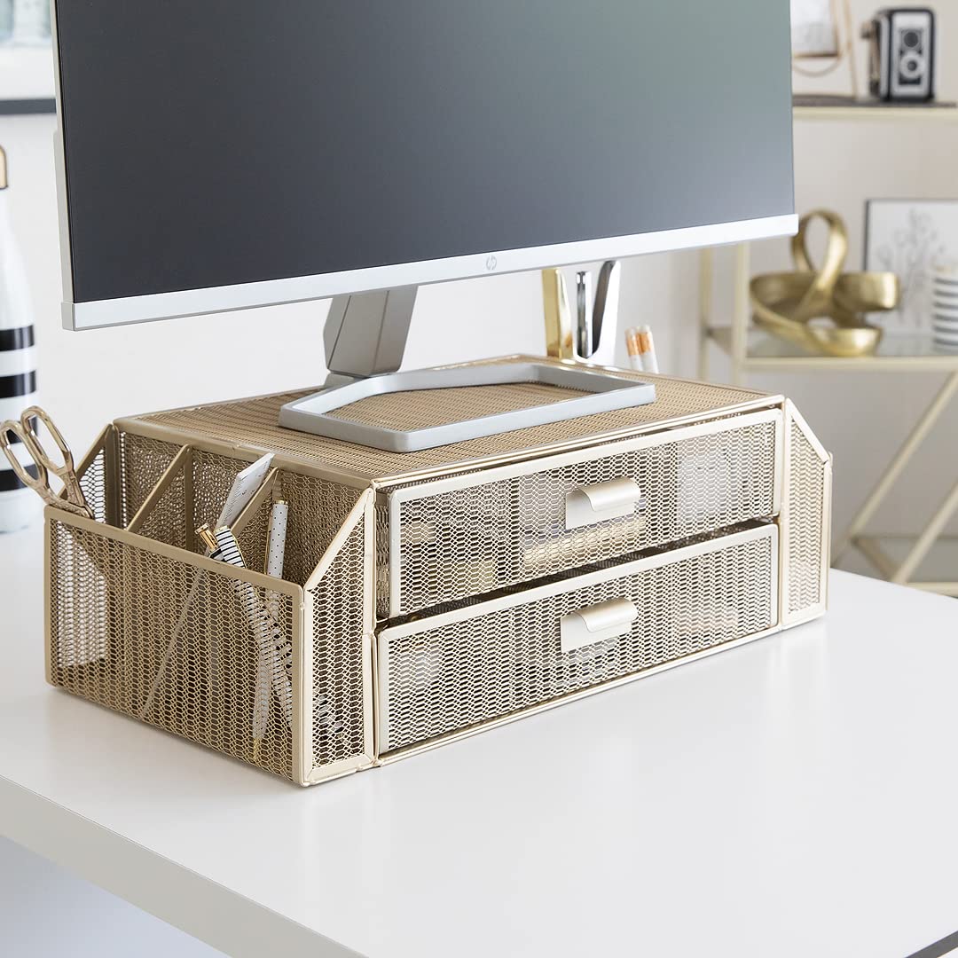 Blu Monaco Gold Monitor Stand with Drawer – Computer Monitor Riser with Storage – Laptop Stand for Desk with Storage - Laptop organizer - Desk Organizer with Drawers