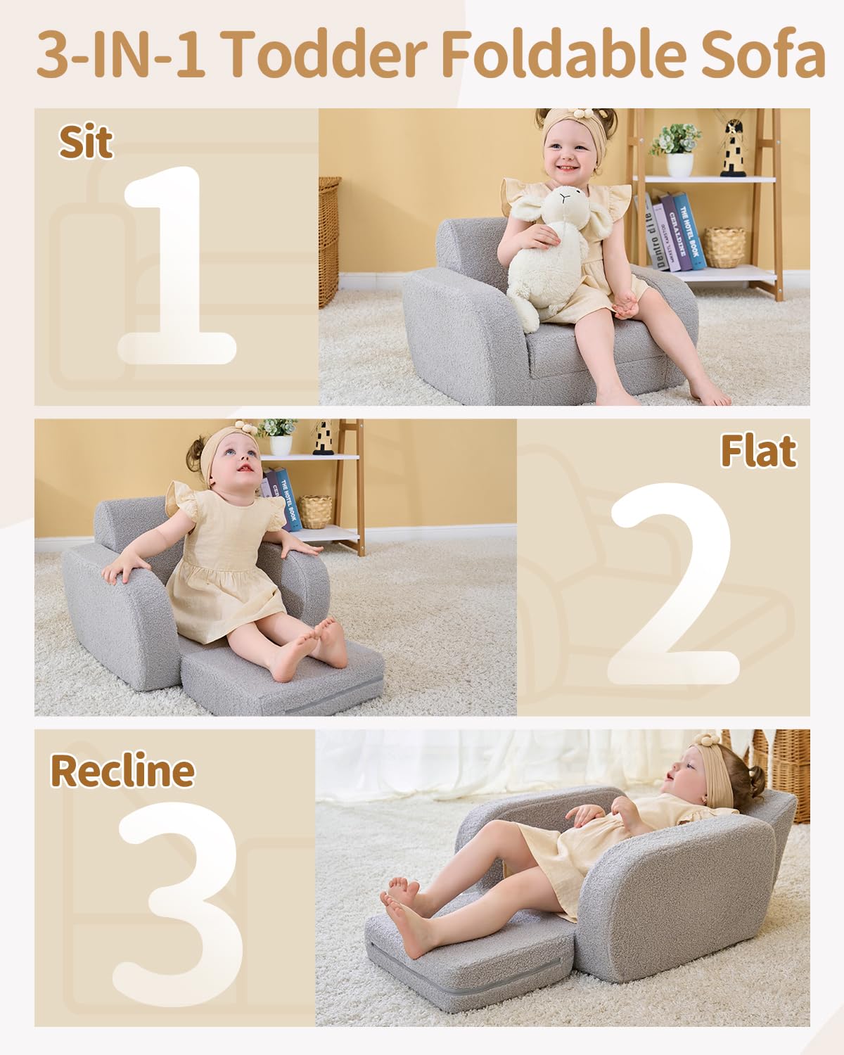 KidBloom 3-in-1 Toddler Couch, Toddler Chairs Comfy 2-3 Years Old, Kids Couch Bed Fold Out, Gifts for 2 3 Year Old Girls Boys