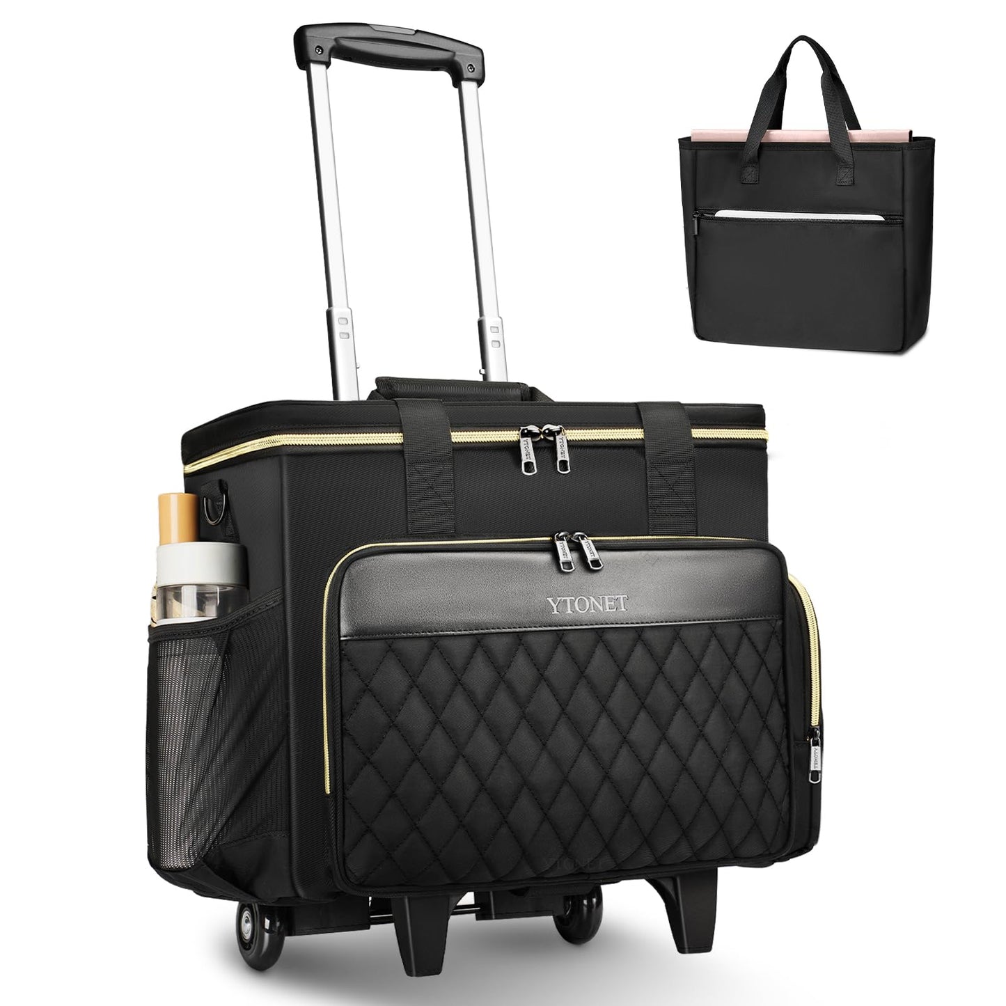 Ytonet Rolling Teacher Bag, 15.6 Inch Rolling Laptop Bag with Detachable Dolly & File Teacher Tote, Large Roller Briefcase for Women Teaching Office Work Craft Nurse, Black