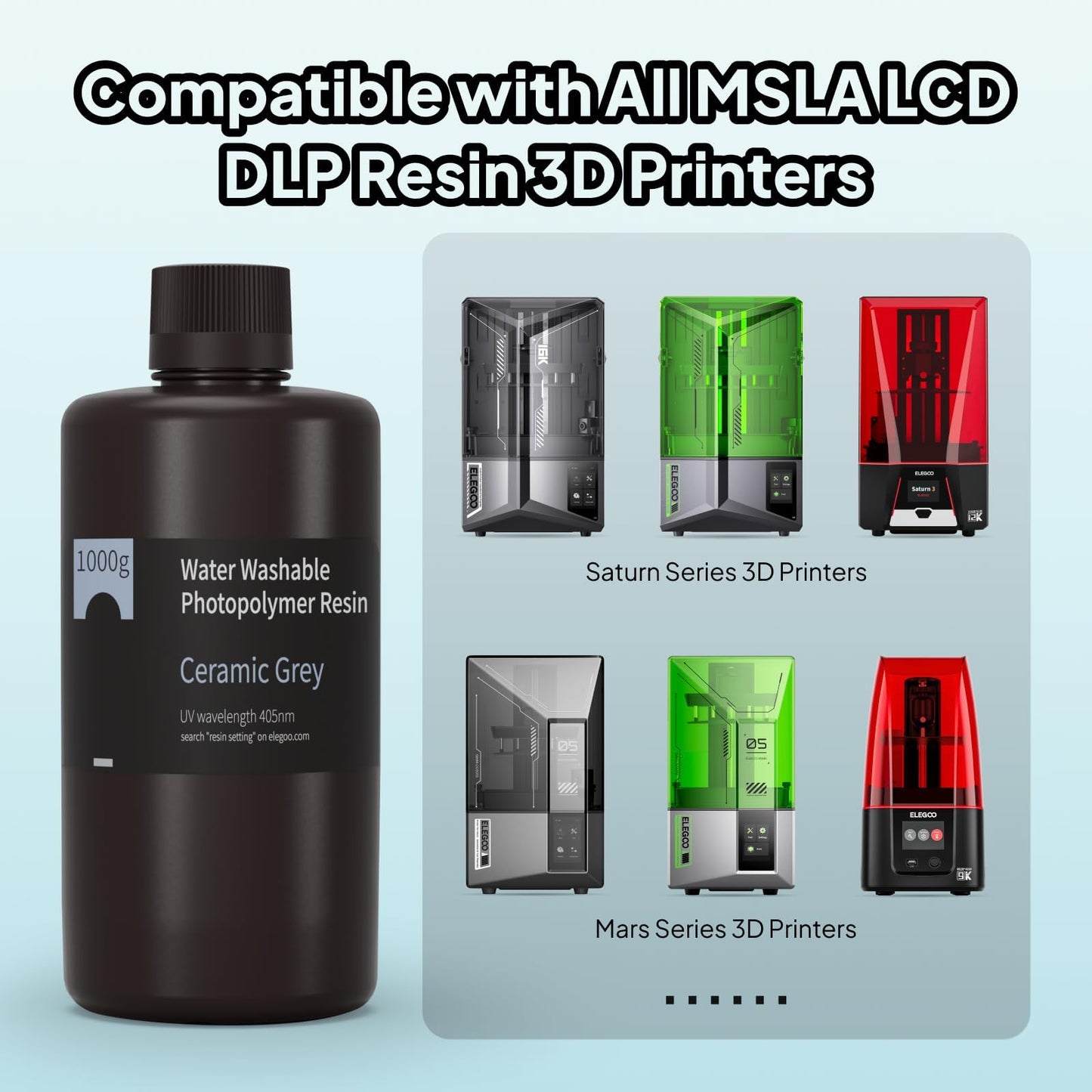 ELEGOO Water Washable 3D Printer Resin 2000g, Precise Printing Liquid Photopolymer Resin, Low Shrinkage 405nm Curing Resin for LCD 3D Printer, Grey