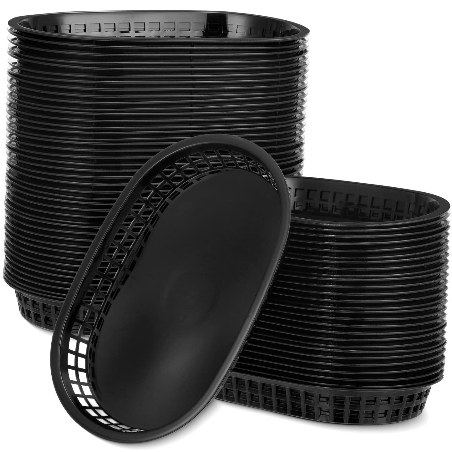 Mimorou 100 Pcs Fast Food Baskets 10.5 x 7 Inch Restaurant Tray Black Plastic Serving Baskets for Deli Serving, Chicken, Burgers, Picnics, Parties