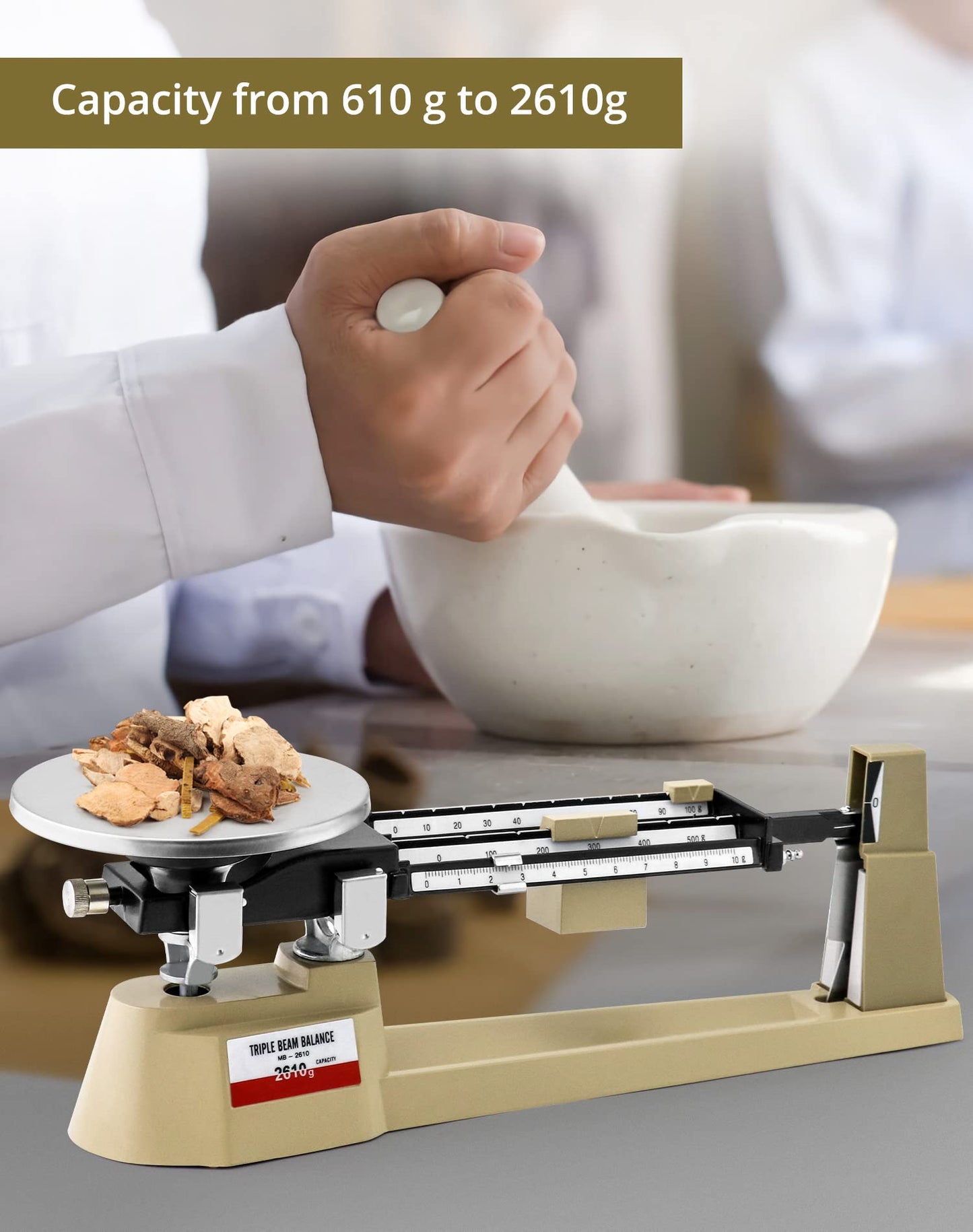 QWORK Triple Beam Mechanical Balance, 2610g/0.1g Lab Analytical Weight Set, Triple Beam Scale with Zero Adjustment Knob, No Need Battery