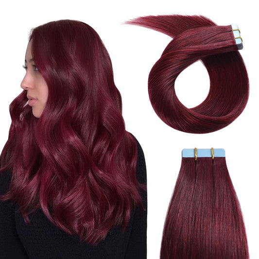 YILITE 99J Tape in Hair Extensions Human Hair 22inch 50g 20Pcs Red Tape in Hair Extensions Remy Human Hair,Seamless Skin Weft 99J Tape ins (22inch 99J)