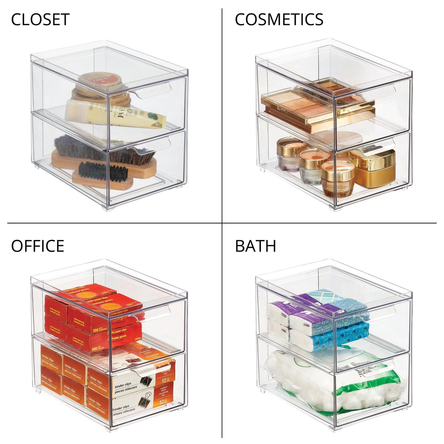 mDesign Stackable Storage Containers Box with 2 Pull-Out Drawers - Stacking Plastic Drawer Bins for Kitchen Pantry and Cupboard, Cabinet, Counter, Island and Tables - Lumiere Collection, 4 Pack, Clear