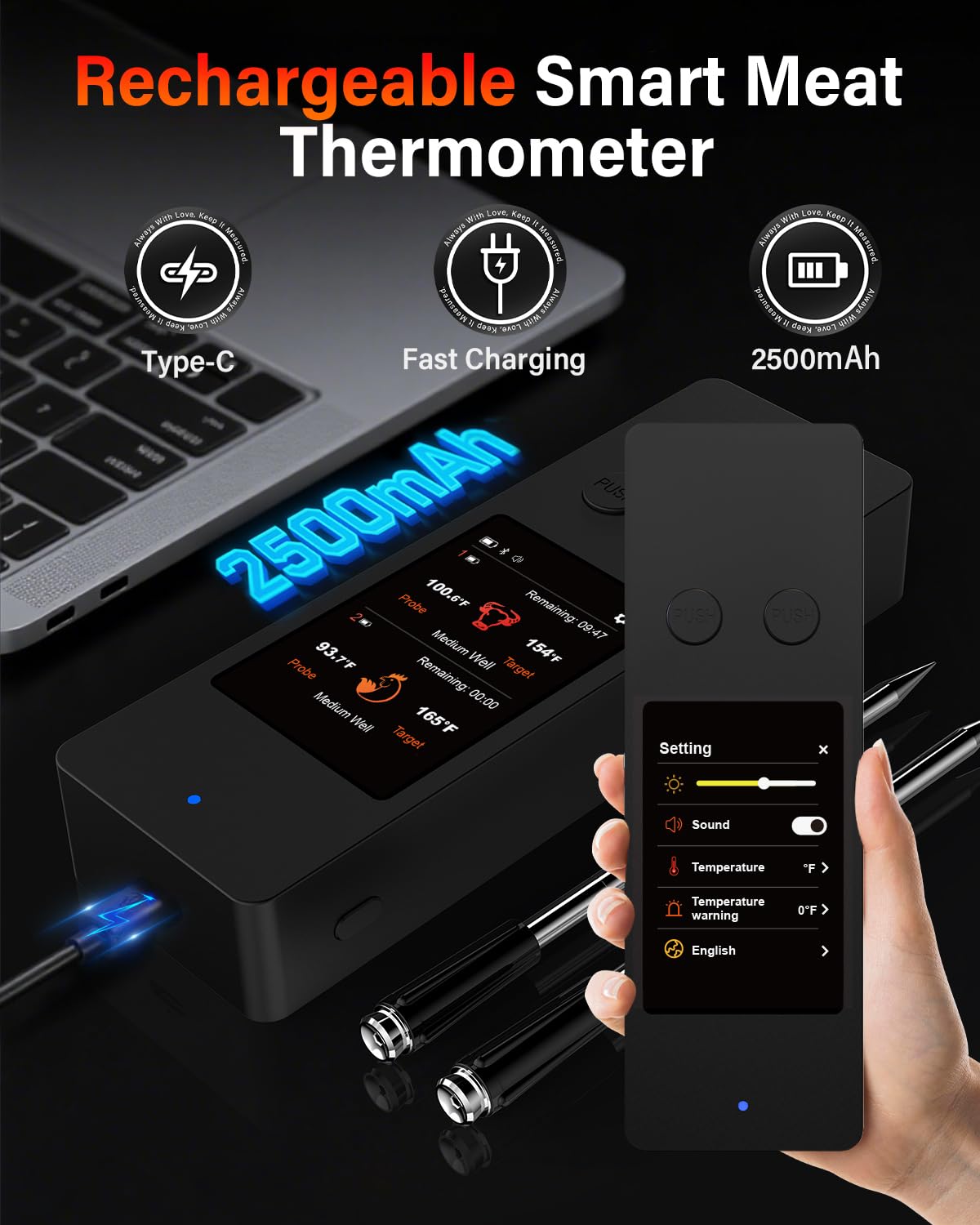 AWLKIM 8-Sensor Smart Wireless Meat Thermometer with Touchscreen Base & Built-In App — Dual Probes, Bluetooth 5.3 800ft Open-Air, IP68, Type-C — Digital Instant-Read for BBQ, Grill, Smoker, Rotisserie