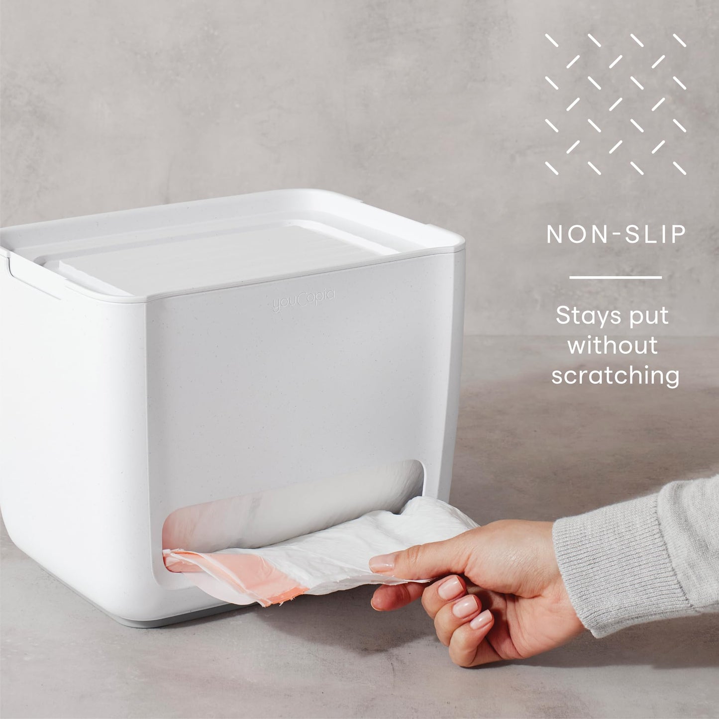 YouCopia SinkSuite Bag & Pod Dispenser, Standing Garbage Bag and Dishwasher Pod Organizer with Removable Lids for Storage, Speckled White