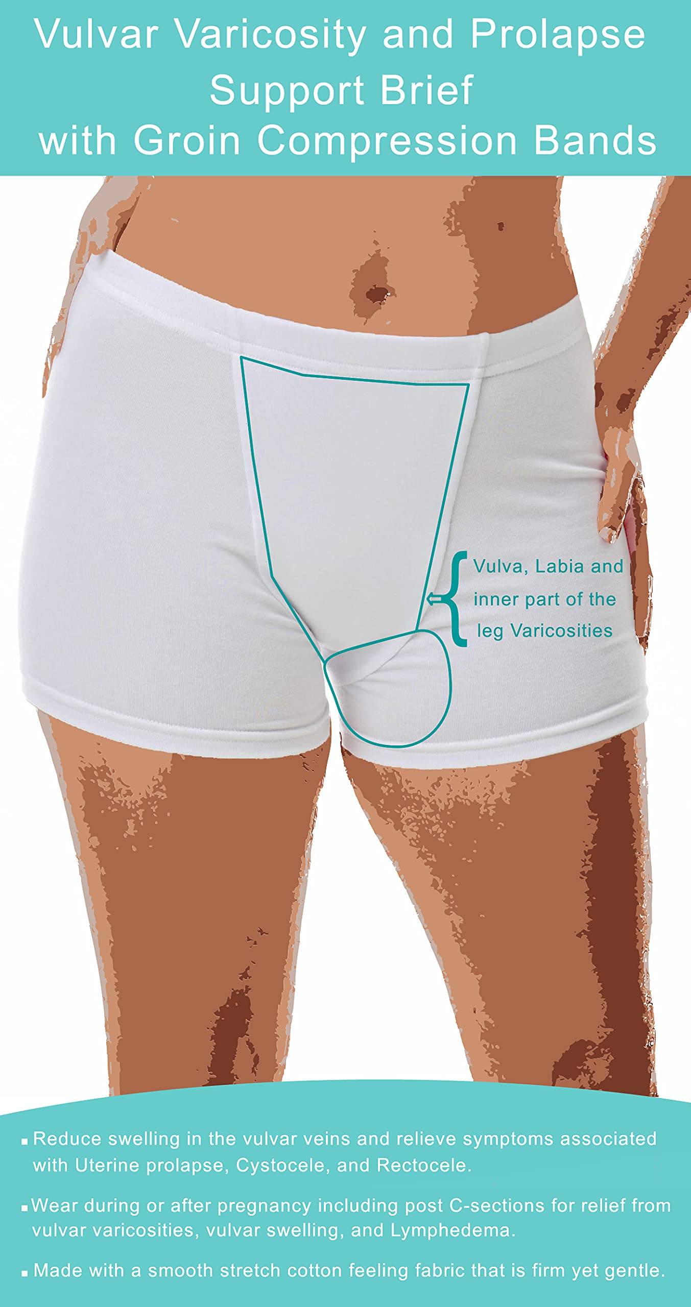Vulvar Varicosity and Prolapse Support Boy-Leg Brief with Groin Compression Bands - White - Small