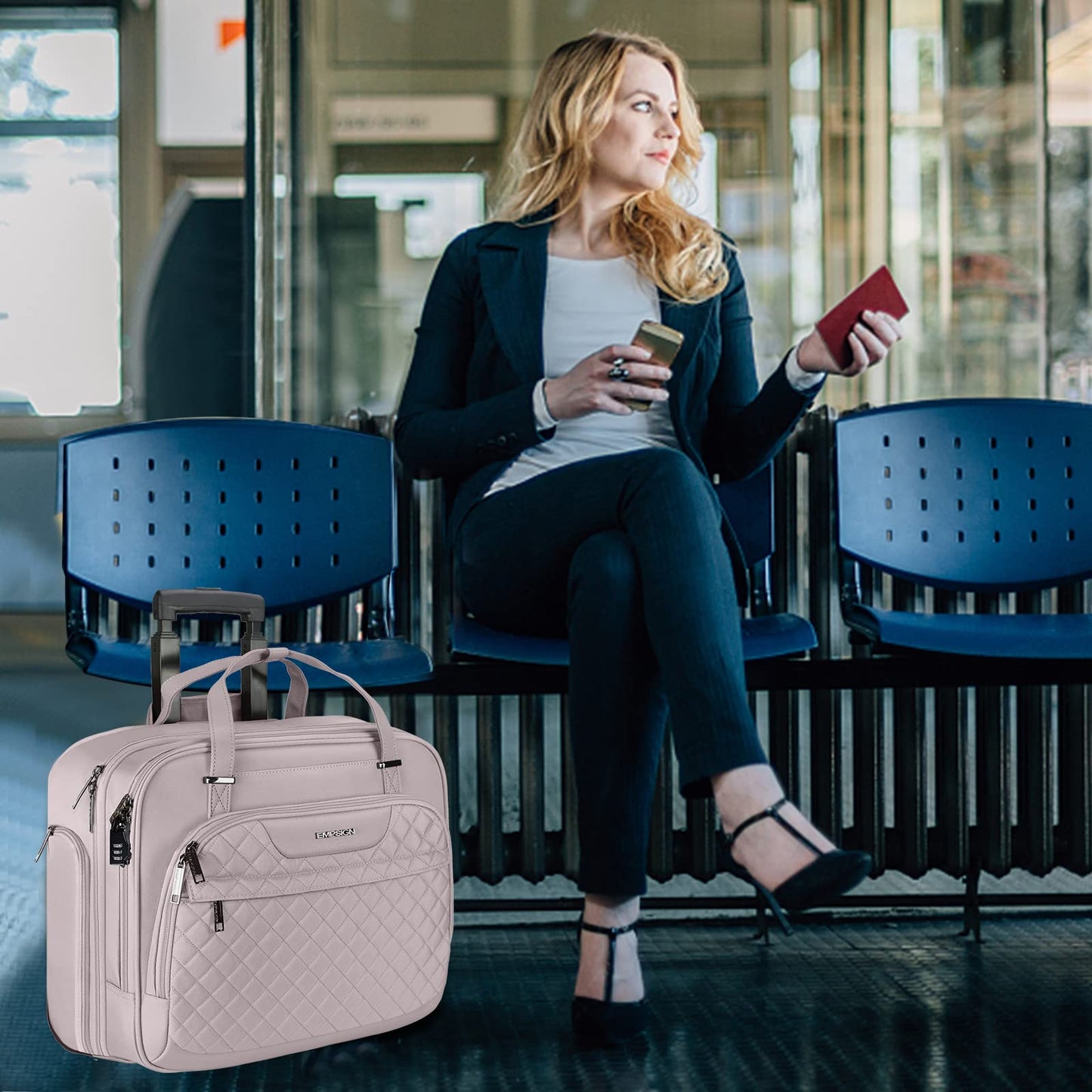 EMPSIGN Rolling Laptop Bag Women with Wheels, Briefcase for Women Fits Up to 15.6 Inch Laptop Briefcase on Wheels, Water-Repellent Overnight Rolling Computer Bag with RFID Pockets, Grey Pink