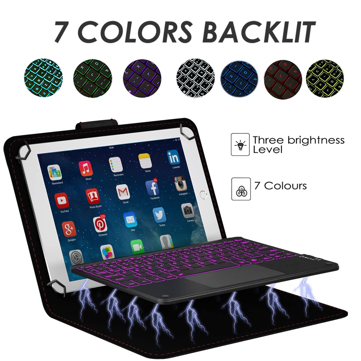 eoso TouchPad Keyboard case for 9",9.7",10.1",10.2",10.5",10.9",11" Tablets,2-in-1 Bluetooth Wireless Keyboard with Touchpad,7 Colors Backlit & Leather Folio Cover(Black)