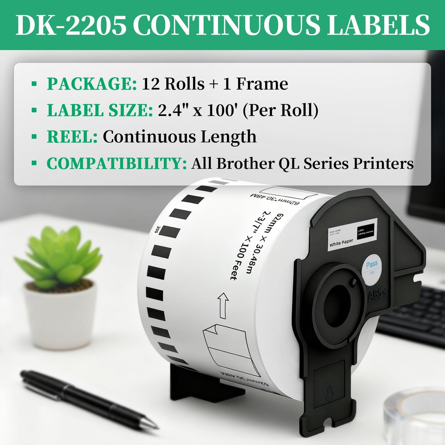 12 Rolls Replace Brother Continuous Label DK-2205 (2.4" X 100') Compatible with QL-800 QL-820 QL-810 QL-1110 and Other All Brother QL Label Printer, Suitable for Address Labels Barcode Labels
