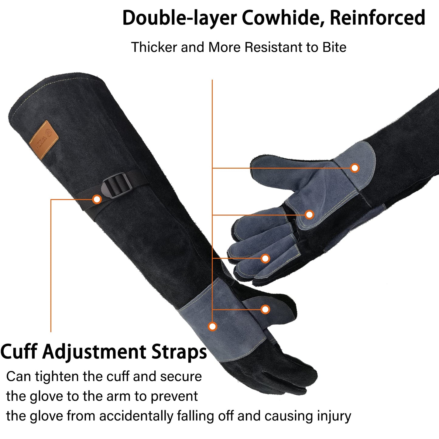 WZQH 21.3 In Leather Welding Gloves for Animal Handling,Grabbing Reptile, Grooming,Trips to Vet,BBQ,Fireplace.Puncture & Scratch Resistant, Bite Proof for Cat Dog Bird Falcon Livestock Snake M Black