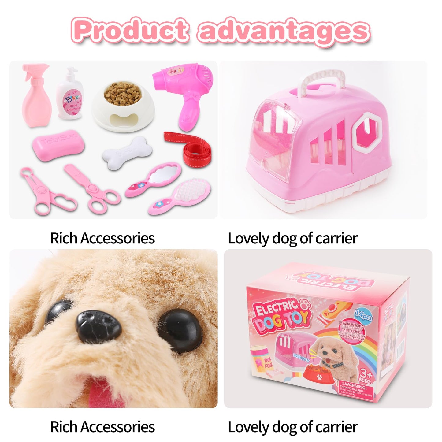 Volmop 14 Pcs Dog Toys for Kids Walking Barking Electronic Interactive Plush Puppy Toy with Carrier and Accessories Pet Care Toy Set for Kids Girls Boys 3 4 5 6+