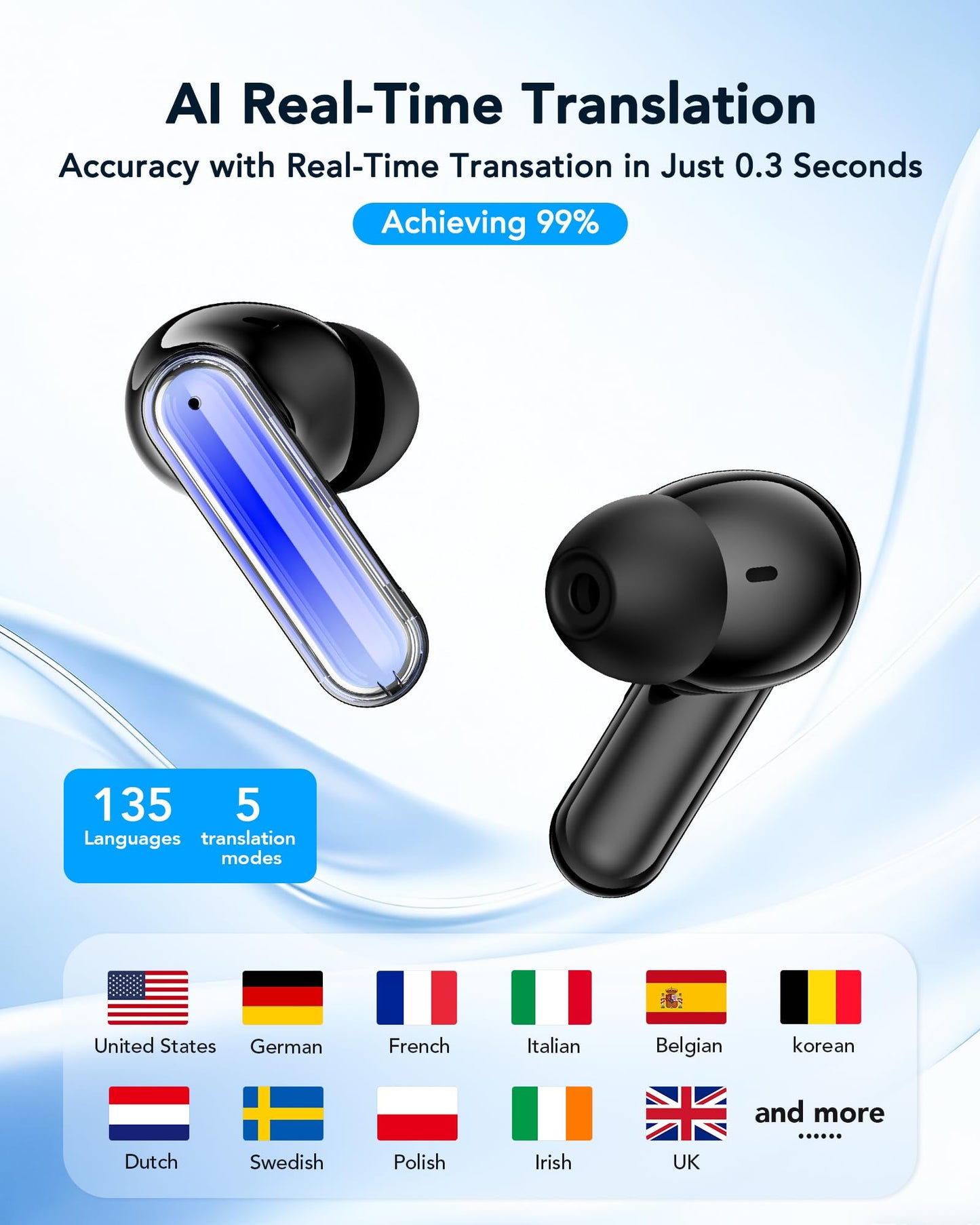 BNARQP MS110 AI Translation Earbuds, Bluetooth Translator Earbuds with App, 40H Playtime with Charging Case, IPX5 Water-Resistant Wireless Earbuds for Travel, Meetings & Language Learning