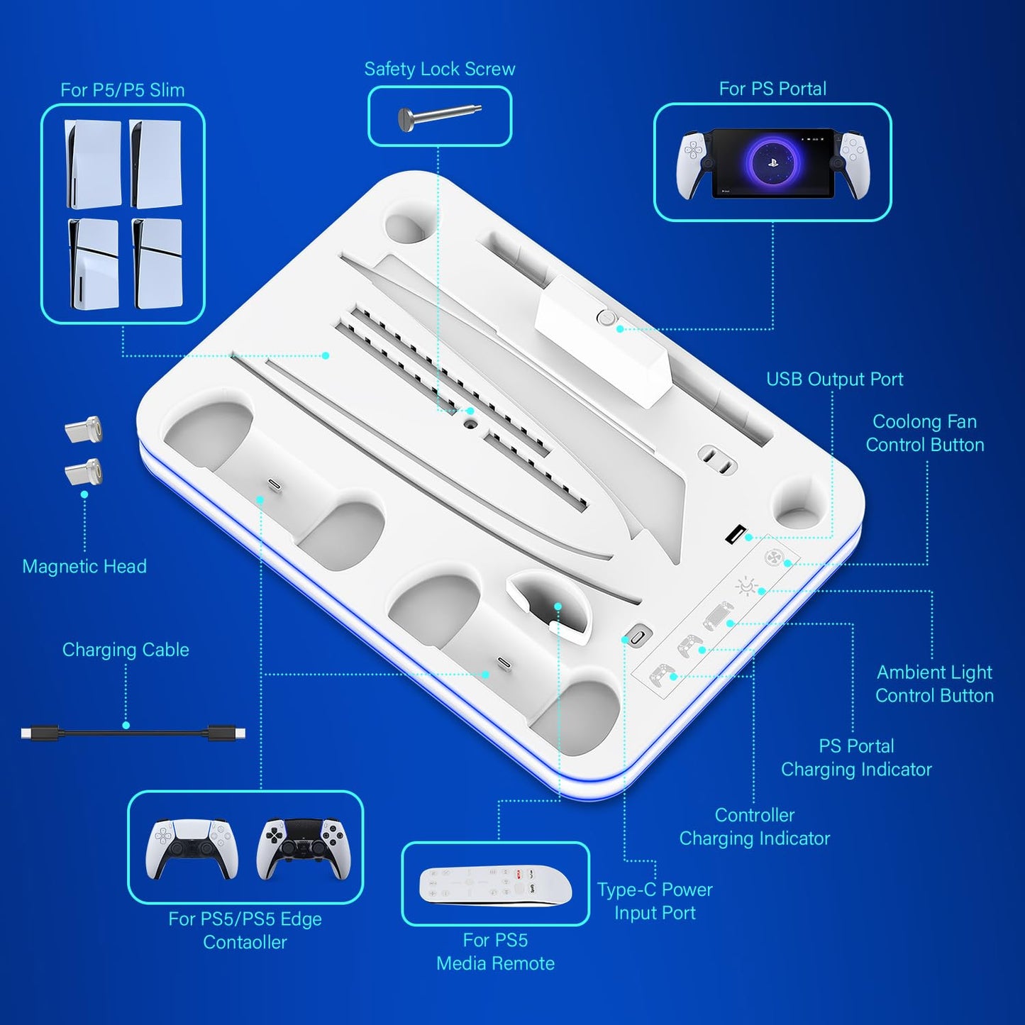 Sehawei PS5/PS5 Slim Stand and Cooling Station with RGB Lighting and 3 Level Cooling Fan,Charging Dock for PS5 Edge Controller and PS Portal,Remote Control and Headset holders,PS5/PS5 Slim Accessories