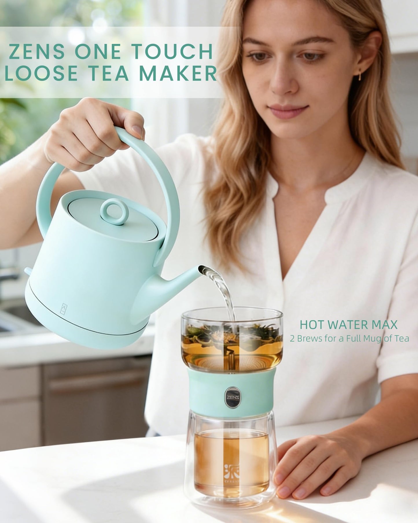 ZENS Modern Glass infuser Teapot, Small One Touch Tea Maker for Loose Tea Diffusers with 200ml Insulated Cup and Blue Portable Carry Case, Magic Gongfu Tea Pot for Tea Lovers Gifts