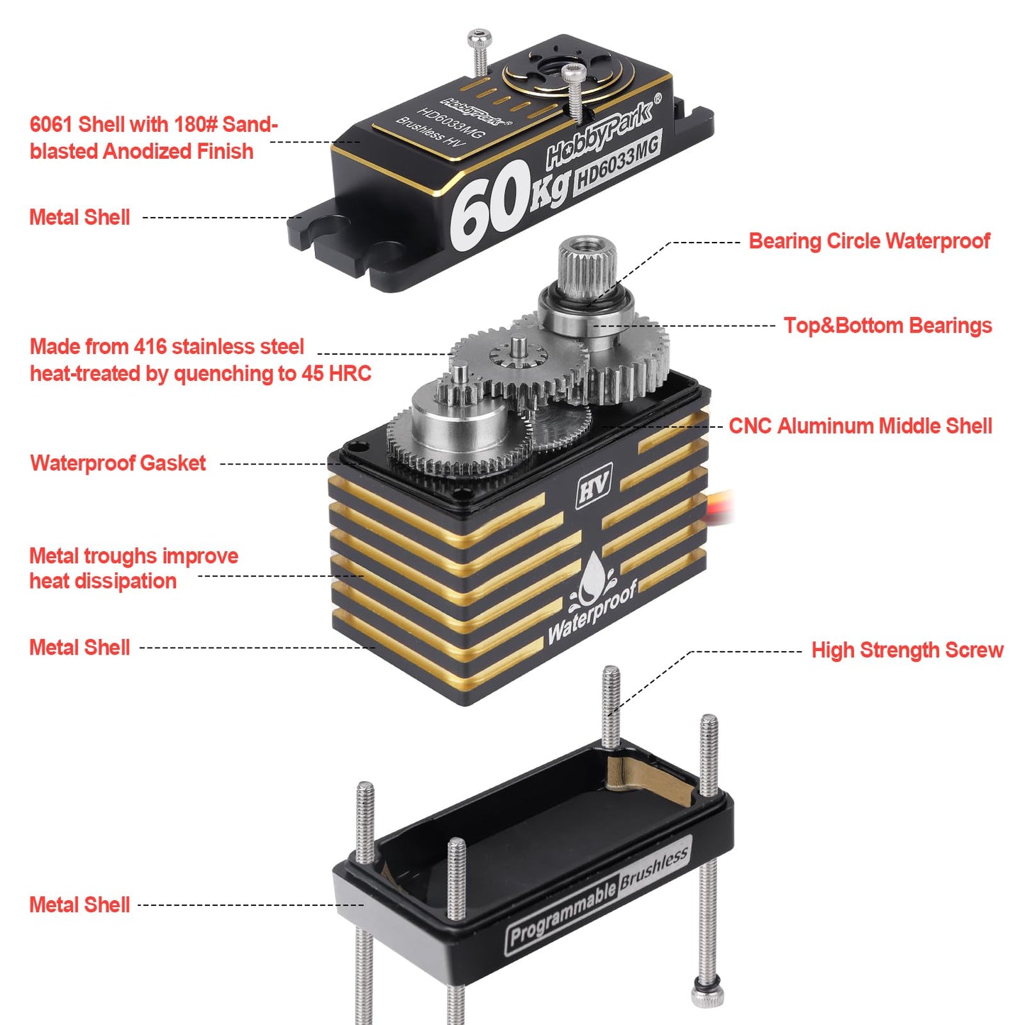 HobbyPark Waterproof 828oz 60KG High Torque Servo Brushless Motor 8.4V HV Servo Metal Gear Digital Servo Programmable for 1/8 1/10 1/12 RC Crawler RC Truck RC Car Buggy Robotic DIY Control Angle 180°