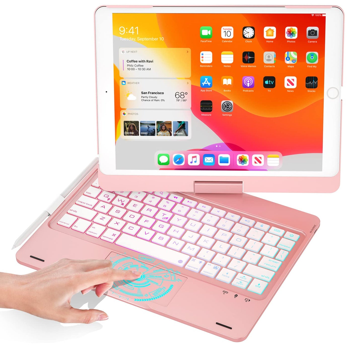 BABG iPad 9th Generation Case with Keyboard,360° Rotatable,Touchpad,Backlit Keyboard with Pencil Holder for 10.2 inch iPad 9th Gen 2021/ 8th Gen 2020/7th Gen 2019 and iPad Air 3/Pro 10.5"-Rose Gold