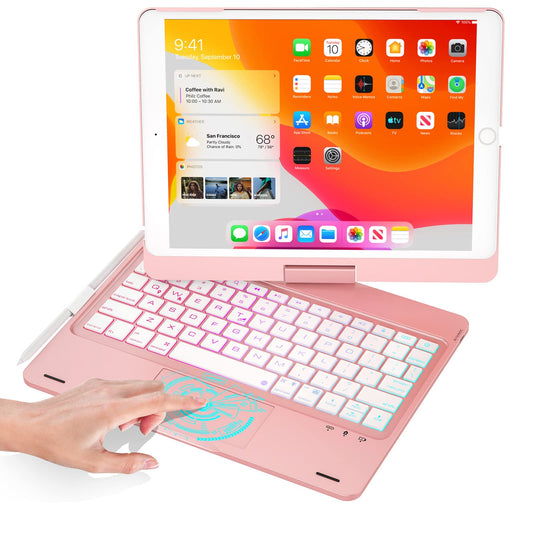 BABG iPad 9th Generation Case with Keyboard,360° Rotatable,Touchpad,Backlit Keyboard with Pencil Holder for 10.2 inch iPad 9th Gen 2021/ 8th Gen 2020/7th Gen 2019 and iPad Air 3/Pro 10.5"-Rose Gold