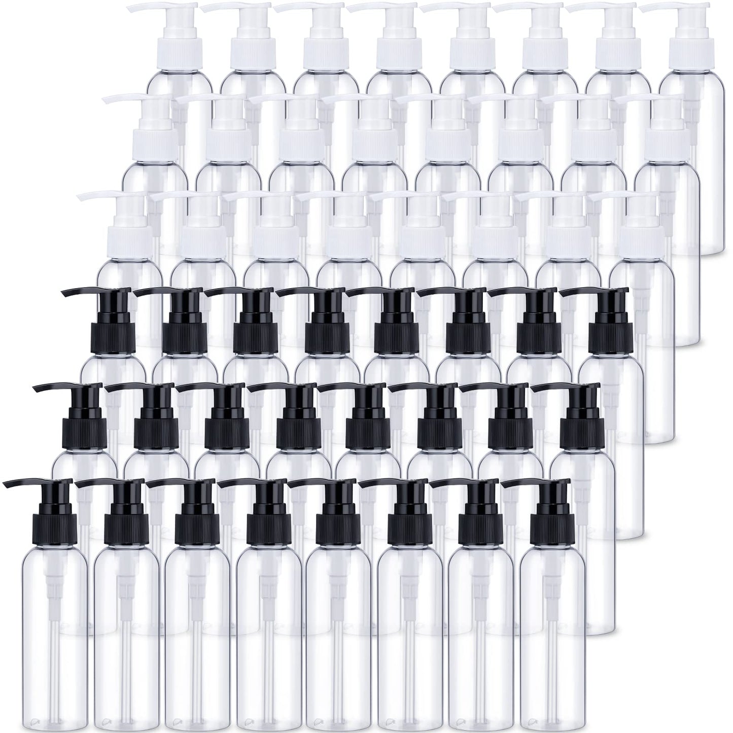 Nuenen 48 Pcs Refillable Empty Lotion Bottles 4oz/120ml Clear Plastic Pump Bottles Conditioner Shampoo Pump Dispenser Leak Proof Pump Container for Body Wash, Creams, Liquid Soap (Black and White)