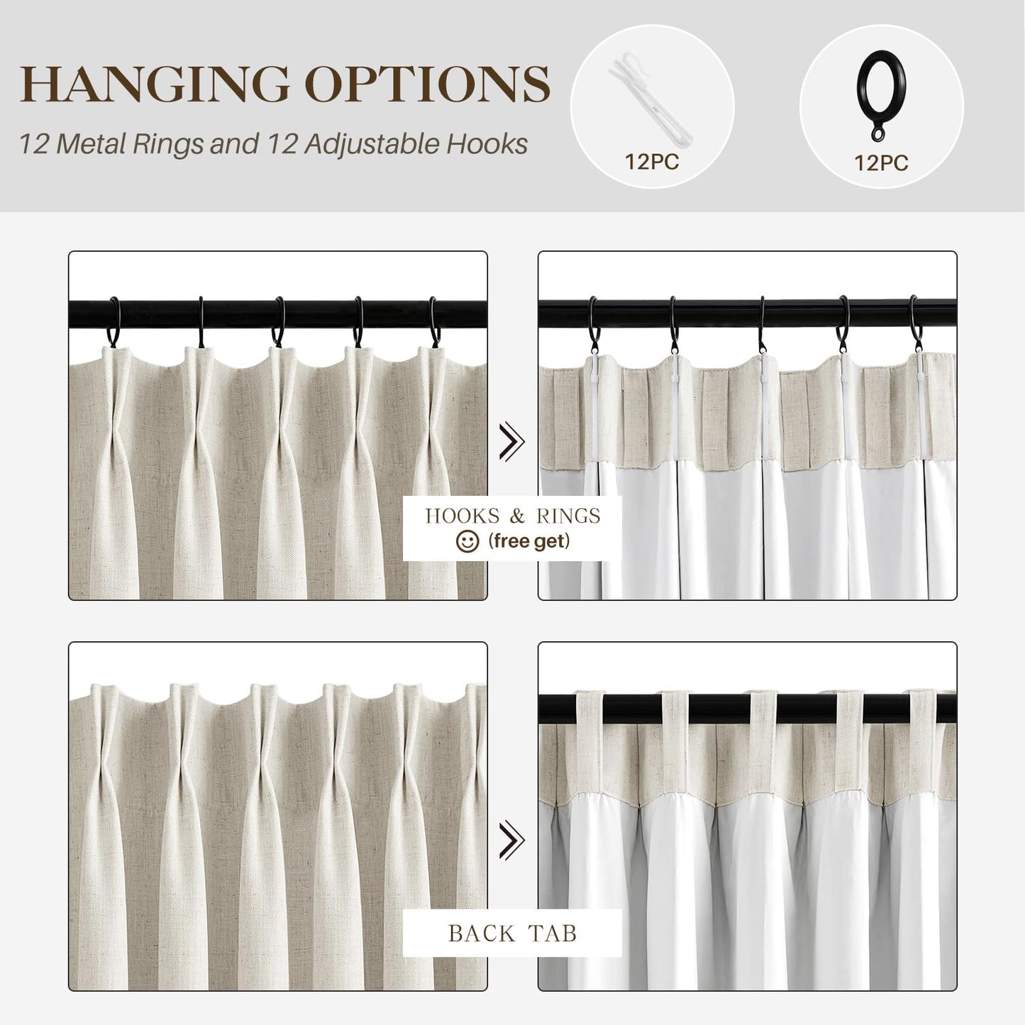 IVAPUPU Natural Pinch Pleated 100% Blackout Linen Curtains 90 Inch Length for Bedroom, Black Out Pinch Pleat Curtains for Living Dining Room Darkening Thermal Insulated Drapes with 16 Hooks, 2 Panels