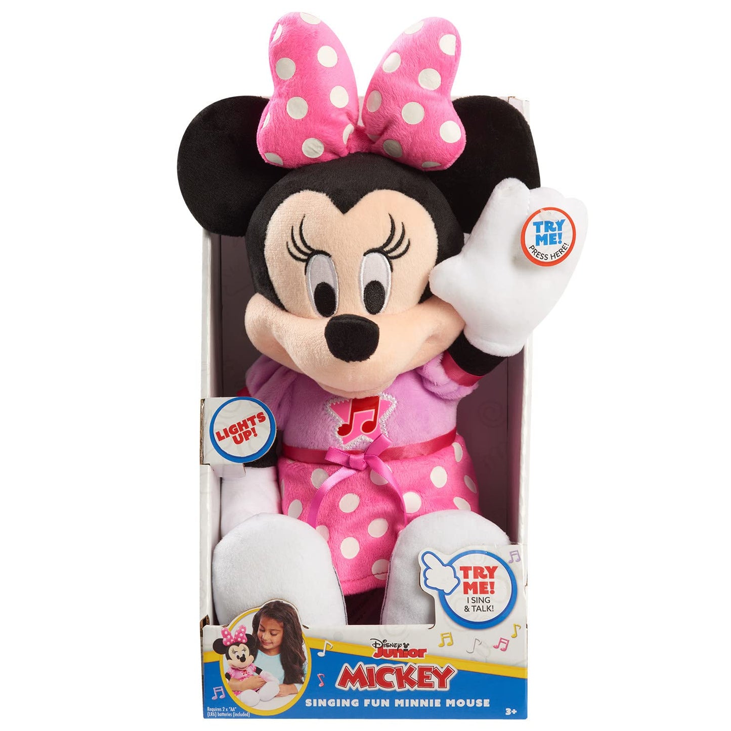Disney Junior Mickey Mouse Funhouse Singing Fun Minnie Mouse 13 Inch Lights and Sounds Feature Feature Plush, Sings Bowtoons Theme Song, Officially Licensed Kids Toys for Ages 3 Up, Gifts and Presents