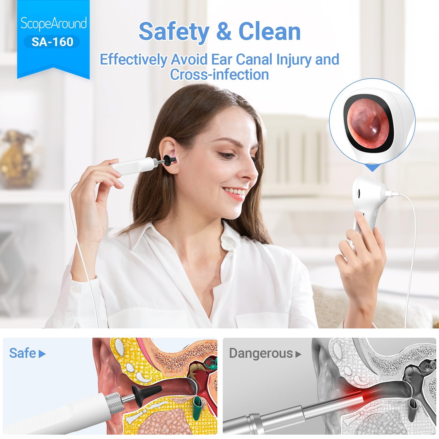 ScopeAround Digital Otoscope w/IPS Screen, 720p HD Smart Video Otoscope with Light, Ear Scope Otoscope with Camera Ear Wax Removal Camera, Ear Checker, Power On and Go, White