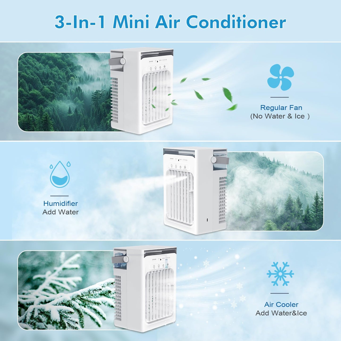 Portable Air Conditioners, 3-in-1 Portable AC Unit, Personal Mini Air Conditioner With 1000ml Water Tank, 2/4/6H Timer, USB Charging Small Cooling Fan (Include 5V 2A Adapter) For Indoor Office Bedroom