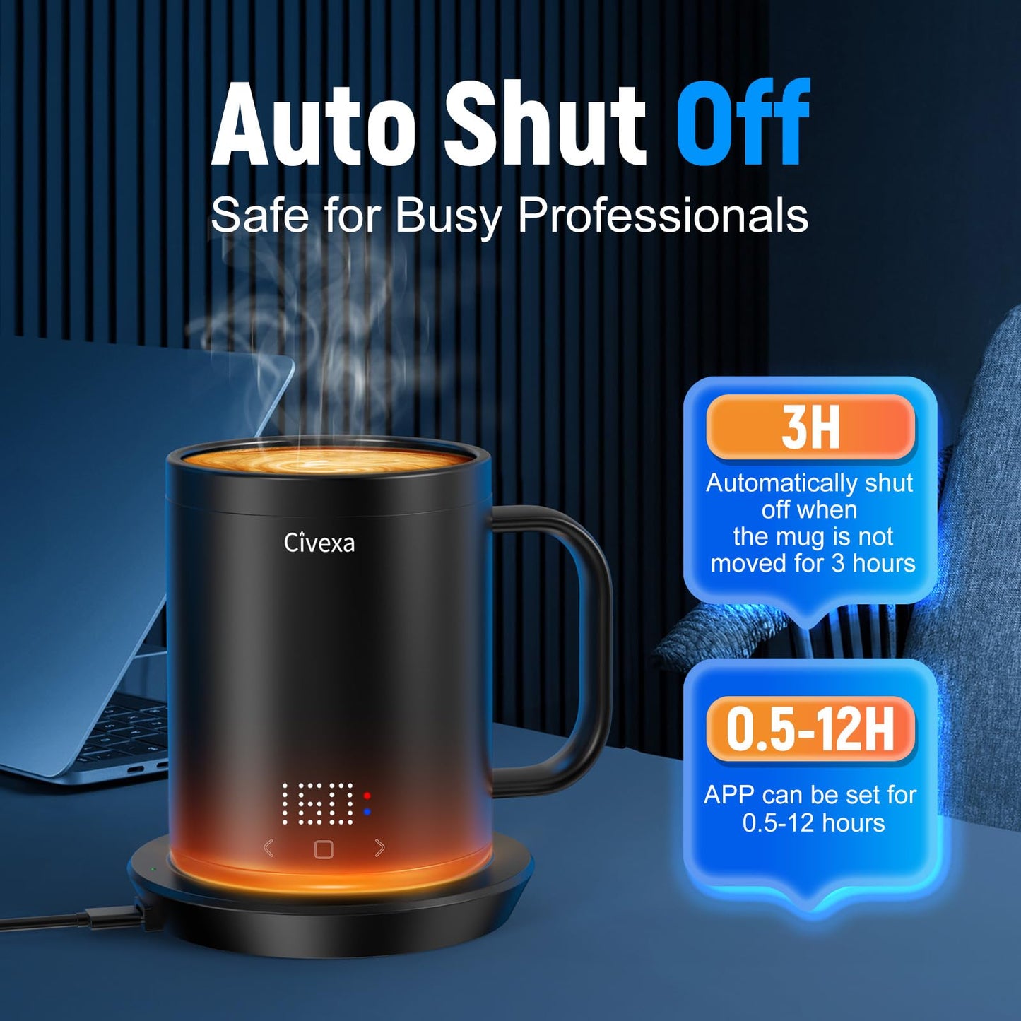Civexa Rechargeable Self Heating Coffee Mug, Fast Heating & High Temperature, 14 Oz App-Controlled Heated Coffee Mug, 1F Precise Temperature Control Smart Mug Warmer for 150 Min Use
