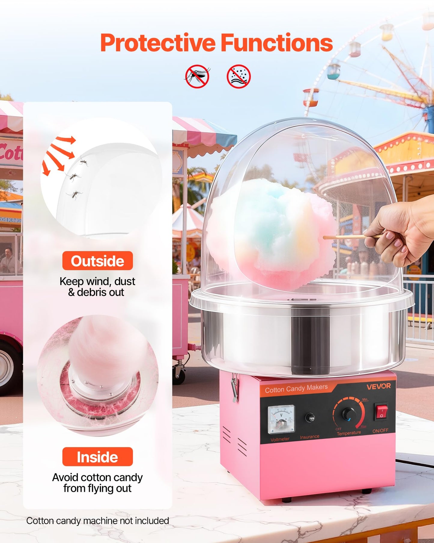 VEVOR 16 Inch Cotton Candy Machine Cover, Transparent Acrylic Dome Bubble Shield Compatible with 15inch Commercial Cotton Candy Floss Maker Bowl for Party, Shops, Bottom Groove Design
