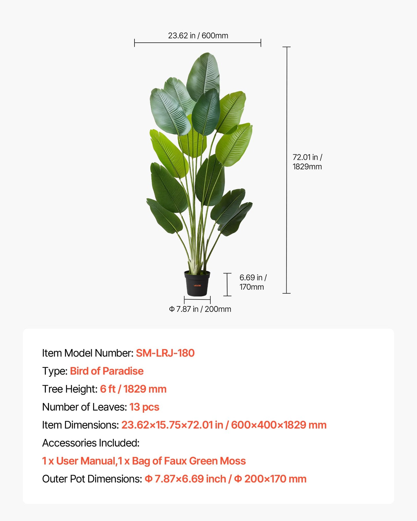 VEVOR Artificial Bird of Paradise 6 ft Tall, Fake Tropical Plants with with 13 Trunks & White Pot, Faux Floor Silk Tree, Large Trees for Home Office Living Room Decor House Warming, Indoor Outdoor