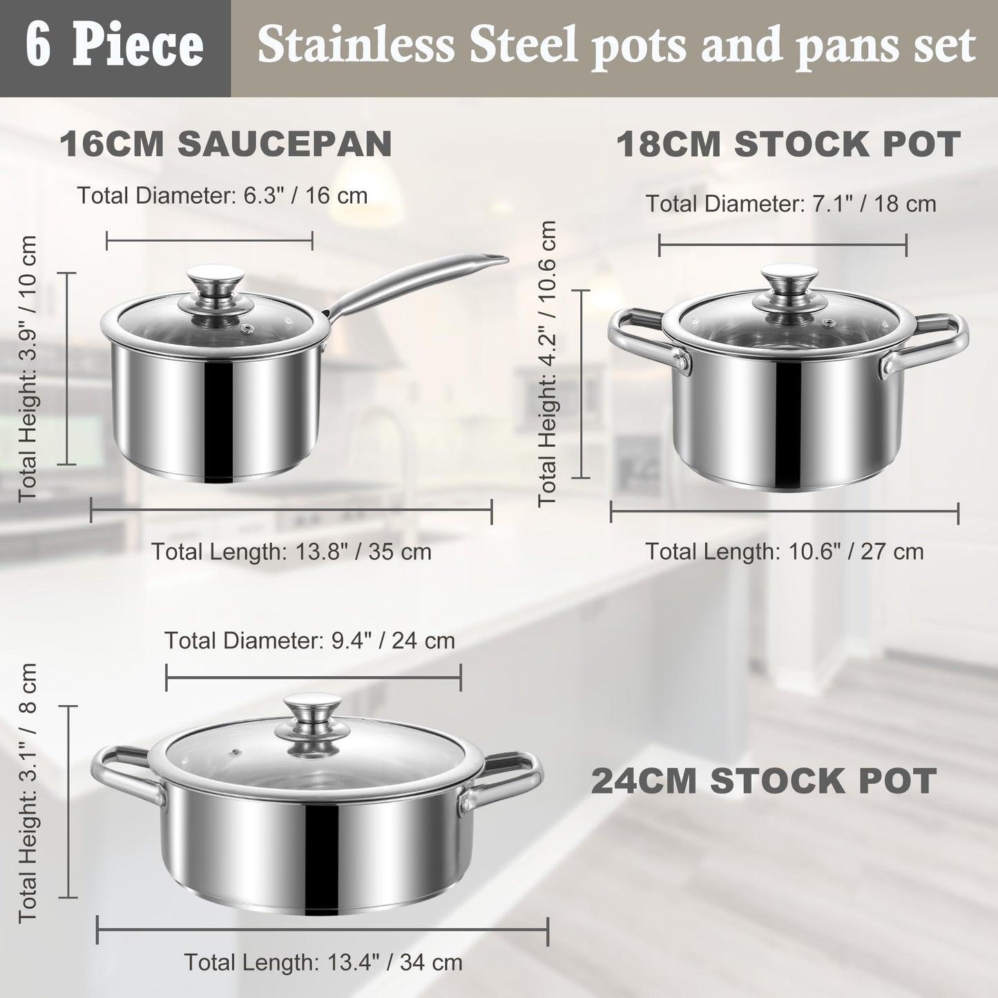 SHEUMNT Stainless Steel pots and pans set, 6 Piece Nonstick Induction Kitchen Cookware Set, Works with Induction/Electric and Gas Cooktops, Nonstick, Oven Safe, Camping Cookware